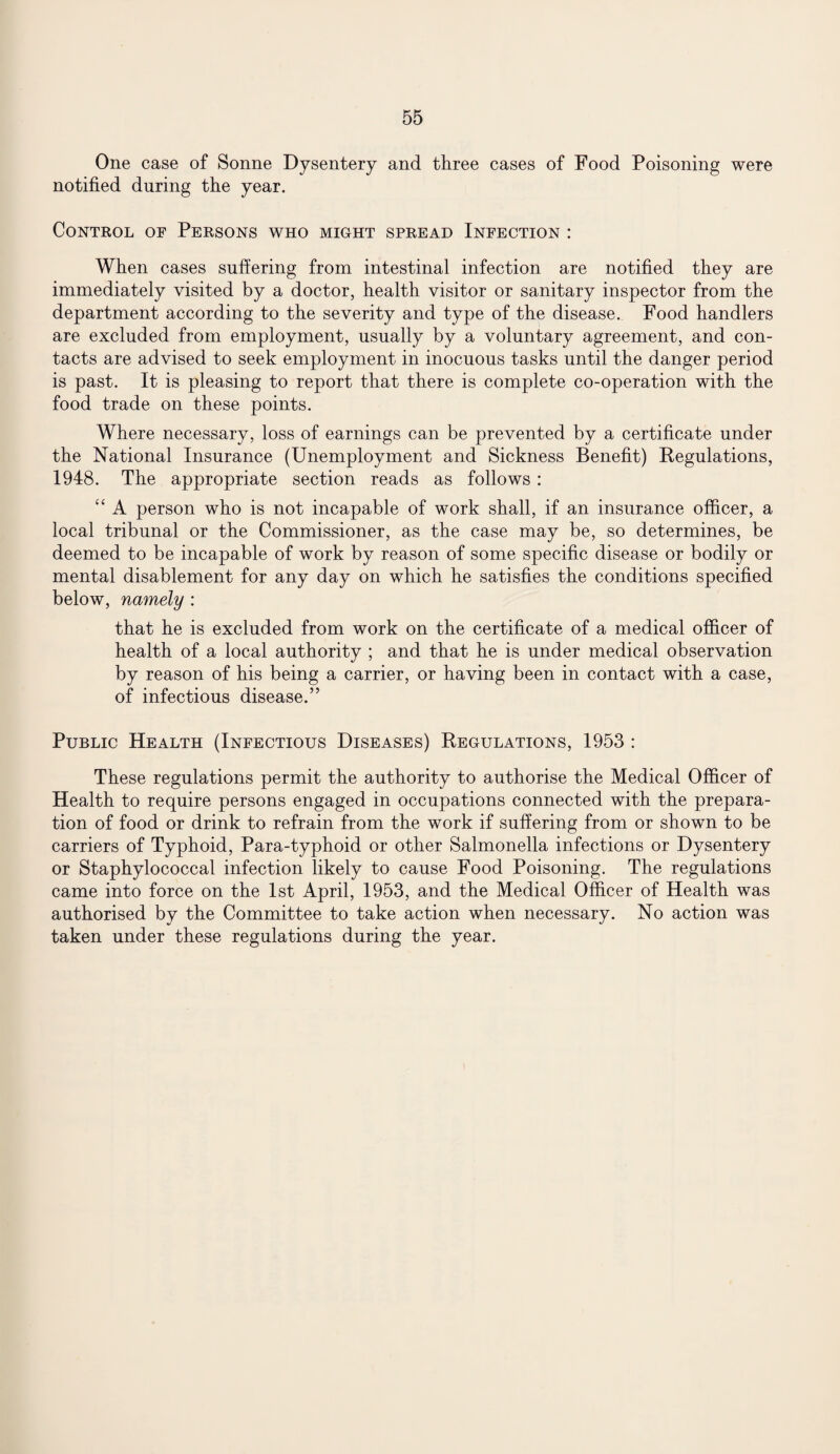 One case of Sonne Dysentery and three cases of Food Poisoning were notified during the year. Control of Persons who might spread Infection : When cases suffering from intestinal infection are notified they are immediately visited by a doctor, health visitor or sanitary inspector from the department according to the severity and type of the disease. Food handlers are excluded from employment, usually by a voluntary agreement, and con¬ tacts are advised to seek employment in inocuous tasks until the danger period is past. It is pleasing to report that there is complete co-operation with the food trade on these points. Where necessary, loss of earnings can be prevented by a certificate under the National Insurance (Unemployment and Sickness Benefit) Regulations, 1948. The appropriate section reads as follows : “ A person who is not incapable of work shall, if an insurance officer, a local tribunal or the Commissioner, as the case may be, so determines, be deemed to be incapable of work by reason of some specific disease or bodily or mental disablement for any day on which he satisfies the conditions specified below, namely : that he is excluded from work on the certificate of a medical officer of health of a local authority ; and that he is under medical observation by reason of his being a carrier, or having been in contact with a case, of infectious disease.” Public Health (Infectious Diseases) Regulations, 1953 : These regulations permit the authority to authorise the Medical Officer of Health to require persons engaged in occupations connected with the prepara¬ tion of food or drink to refrain from the work if suffering from or shown to be carriers of Typhoid, Para-typhoid or other Salmonella infections or Dysentery or Staphylococcal infection likely to cause Food Poisoning. The regulations came into force on the 1st April, 1953, and the Medical Officer of Health was authorised by the Committee to take action when necessary. No action was taken under these regulations during the year.