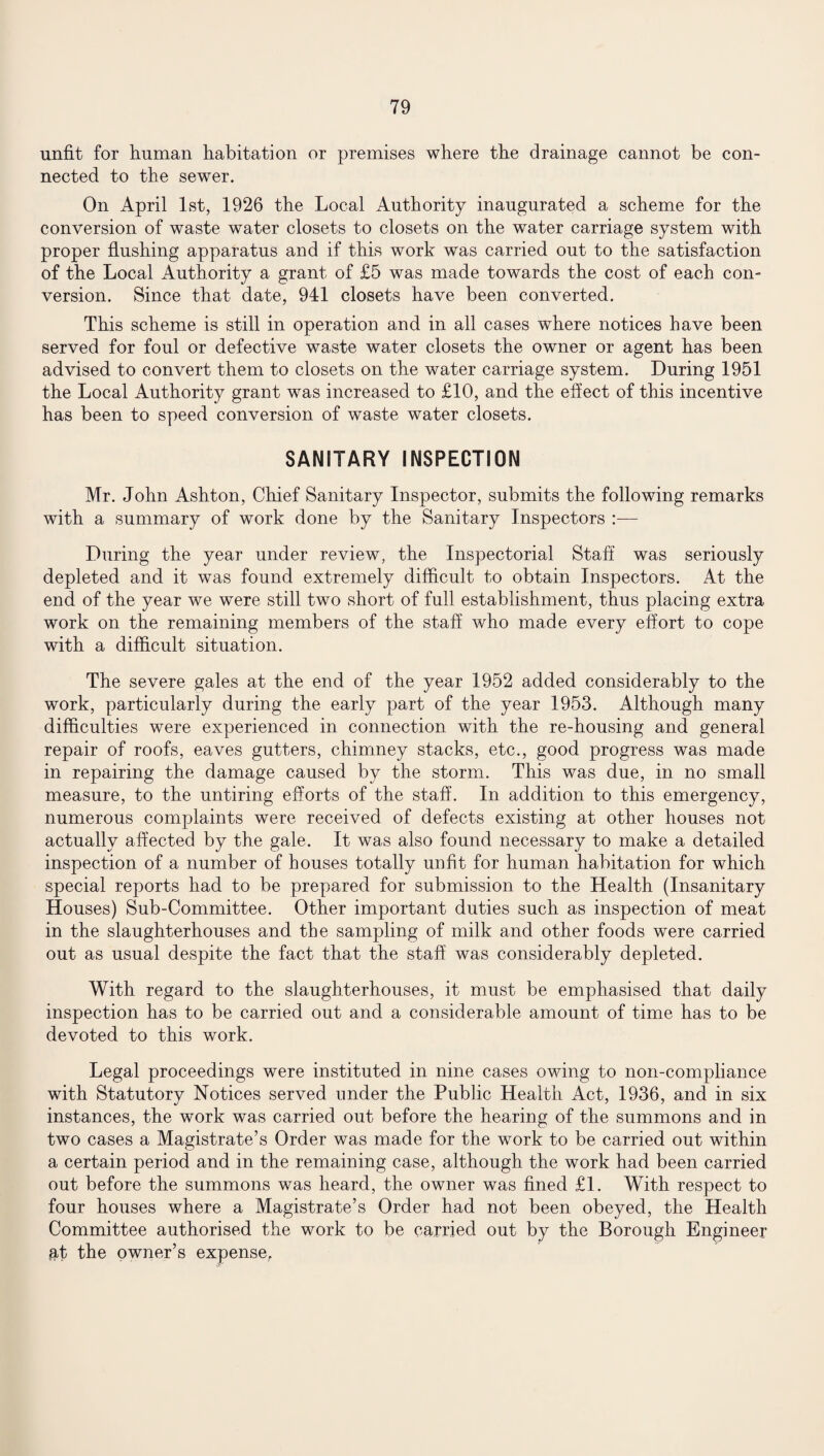 unfit for human habitation or premises where the drainage cannot be con¬ nected to the sewer. On April 1st, 1926 the Local Authority inaugurated a scheme for the conversion of waste water closets to closets on the water carriage system with proper flushing apparatus and if this work was carried out to the satisfaction of the Local Authority a grant of £5 was made towards the cost of each con¬ version. Since that date, 941 closets have been converted. This scheme is still in operation and in all cases where notices have been served for foul or defective waste water closets the owner or agent has been advised to convert them to closets on the water carriage system. During 1951 the Local Authority grant was increased to £10, and the effect of this incentive has been to speed conversion of waste water closets. SANITARY INSPECTION Mr. John Ashton, Chief Sanitary Inspector, submits the following remarks with a summary of work done by the Sanitary Inspectors :— During the year under review, the Inspectorial Staff was seriously depleted and it was found extremely difficult to obtain Inspectors. At the end of the year we were still two short of full establishment, thus placing extra work on the remaining members of the staff who made every effort to cope with a difficult situation. The severe gales at the end of the year 1952 added considerably to the work, particularly during the early part of the year 1953. Although many difficulties were experienced in connection with the re-housing and general repair of roofs, eaves gutters, chimney stacks, etc., good progress was made in repairing the damage caused by the storm. This was due, in no small measure, to the untiring efforts of the staff. In addition to this emergency, numerous complaints were received of defects existing at other houses not actually affected by the gale. It was also found necessary to make a detailed inspection of a number of houses totally unfit for human habitation for which special reports had to be prepared for submission to the Health (Insanitary Houses) Sub-Committee. Other important duties such as inspection of meat in the slaughterhouses and the sampling of milk and other foods were carried out as usual despite the fact that the staff was considerably depleted. With regard to the slaughterhouses, it must be emphasised that daily inspection has to be carried out and a considerable amount of time has to be devoted to this work. Legal proceedings were instituted in nine cases owing to non-compliance with Statutory Notices served under the Public Health Act, 1936, and in six instances, the work was carried out before the hearing of the summons and in two cases a Magistrate’s Order was made for the work to be carried out within a certain period and in the remaining case, although the work had been carried out before the summons was heard, the owner was fined £1. With respect to four houses where a Magistrate’s Order had not been obeyed, the Health Committee authorised the work to be carried out by the Borough Engineer sit the owner’s expense.