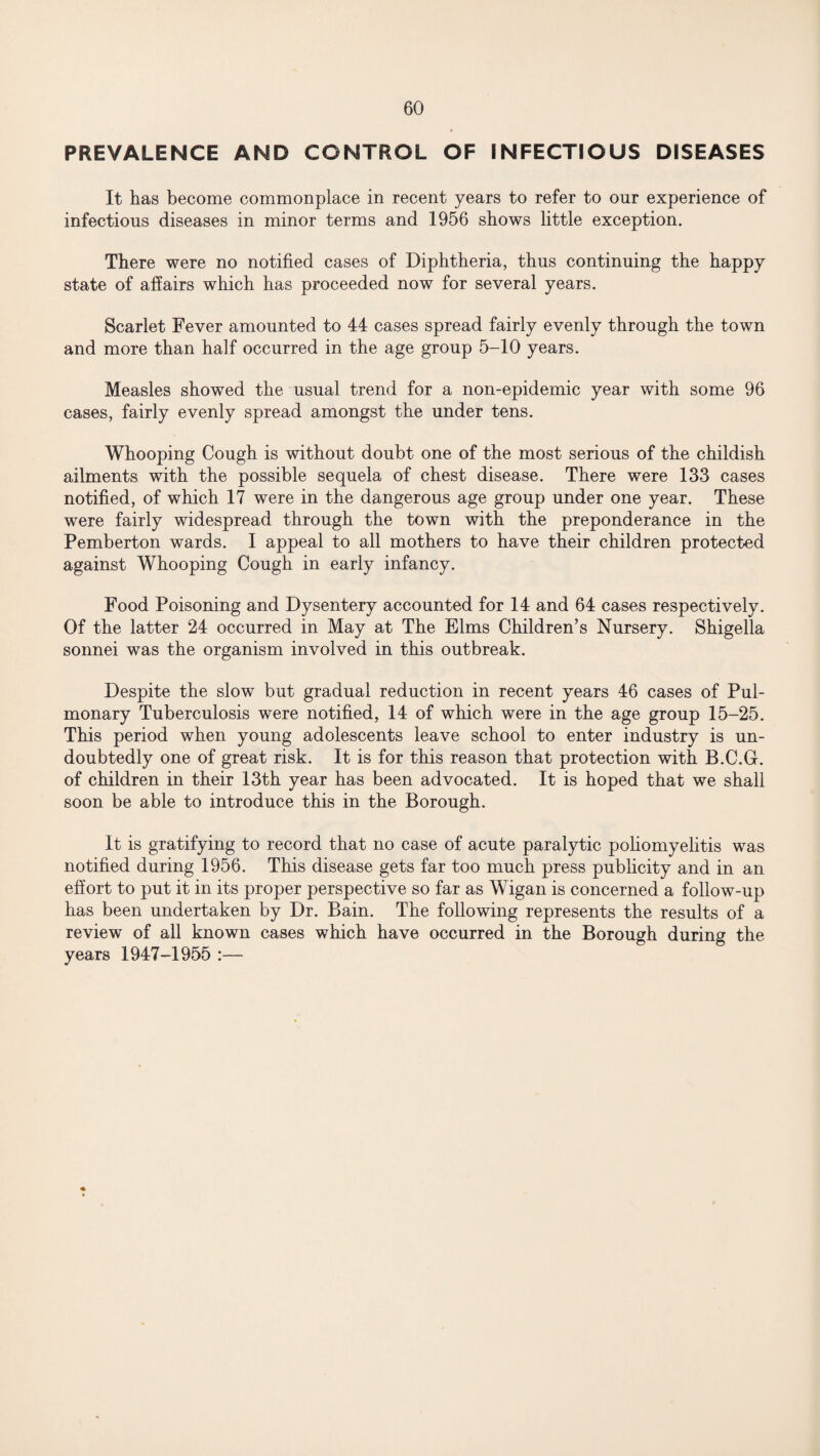 PREVALENCE AND CONTROL OF INFECTIOUS DISEASES It has become commonplace in recent years to refer to our experience of infectious diseases in minor terms and 1956 shows little exception. There were no notified cases of Diphtheria, thus continuing the happy state of affairs which has proceeded now for several years. Scarlet Fever amounted to 44 cases spread fairly evenly through the town and more than half occurred in the age group 5-10 years. Measles showed the usual trend for a non-epidemic year with some 96 cases, fairly evenly spread amongst the under tens. Whooping Cough is without doubt one of the most serious of the childish ailments with the possible sequela of chest disease. There were 133 cases notified, of which 17 were in the dangerous age group under one year. These were fairly widespread through the town with the preponderance in the Pemberton wards. I appeal to all mothers to have their children protected against Whooping Cough in early infancy. Food Poisoning and Dysentery accounted for 14 and 64 cases respectively. Of the latter 24 occurred in May at The Elms Children’s Nursery. Shigella sonnei was the organism involved in this outbreak. Despite the slow but gradual reduction in recent years 46 cases of Pul¬ monary Tuberculosis were notified, 14 of which were in the age group 15-25. This period when young adolescents leave school to enter industry is un¬ doubtedly one of great risk. It is for this reason that protection with B.C.G. of children in their 13th year has been advocated. It is hoped that we shall soon be able to introduce this in the Borough. It is gratifying to record that no case of acute paralytic poliomyelitis was notified during 1956. This disease gets far too much press publicity and in an effort to put it in its proper perspective so far as Wigan is concerned a follow-up has been undertaken by Dr. Bain. The following represents the results of a review of all known cases which have occurred in the Borough during the years 1947-1955 :—