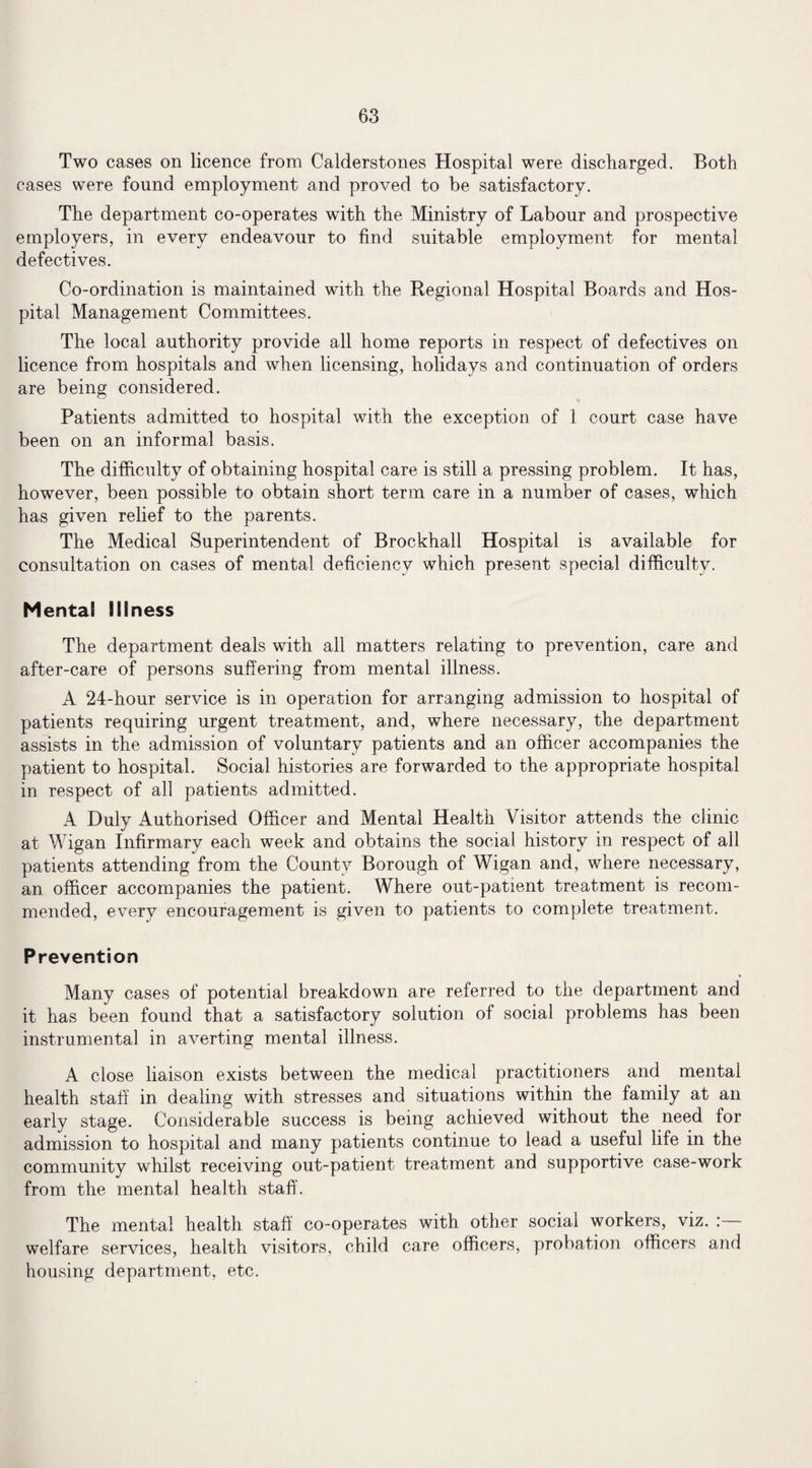 Two cases on licence from Calderstones Hospital were discharged. Both cases were found employment and proved to be satisfactory. The department co-operates with the Ministry of Labour and prospective employers, in every endeavour to find suitable employment for mental defectives. Co-ordination is maintained with the Regional Hospital Boards and Hos¬ pital Management Committees. The local authority provide all home reports in respect of defectives on licence from hospitals and when licensing, holidays and continuation of orders are being considered. Patients admitted to hospital with the exception of 1 court case have been on an informal basis. The difficulty of obtaining hospital care is still a pressing problem. It has, however, been possible to obtain short term care in a number of cases, which has given relief to the parents. The Medical Superintendent of Brockhall Hospital is available for consultation on cases of mental deficiency which present special difficulty. Mental Illness The department deals with all matters relating to prevention, care and after-care of persons suffering from mental illness. A 24-hour service is in operation for arranging admission to hospital of patients requiring urgent treatment, and, where necessary, the department assists in the admission of voluntary patients and an officer accompanies the patient to hospital. Social histories are forwarded to the appropriate hospital in respect of all patients admitted. A Duly Authorised Officer and Mental Health Visitor attends the clinic at Wigan Infirmary each week and obtains the social history in respect of all patients attending from the County Borough of Wigan and, where necessary, an officer accompanies the patient. Where out-patient treatment is recom¬ mended, every encouragement is given to patients to complete treatment. Prevention Many cases of potential breakdown are referred to the department and it has been found that a satisfactory solution of social problems has been instrumental in averting mental illness. A close liaison exists between the medical practitioners and mental health staff in dealing with stresses and situations within the family at an early stage. Considerable success is being achieved without the need for admission to hospital and many patients continue to lead a useful life in the community whilst receiving out-patient treatment and supportive case-work from the mental health staff'. The mental health staff co-operates with other social workers, viz. : welfare services, health visitors, child care officers, probation officers and housing department, etc.