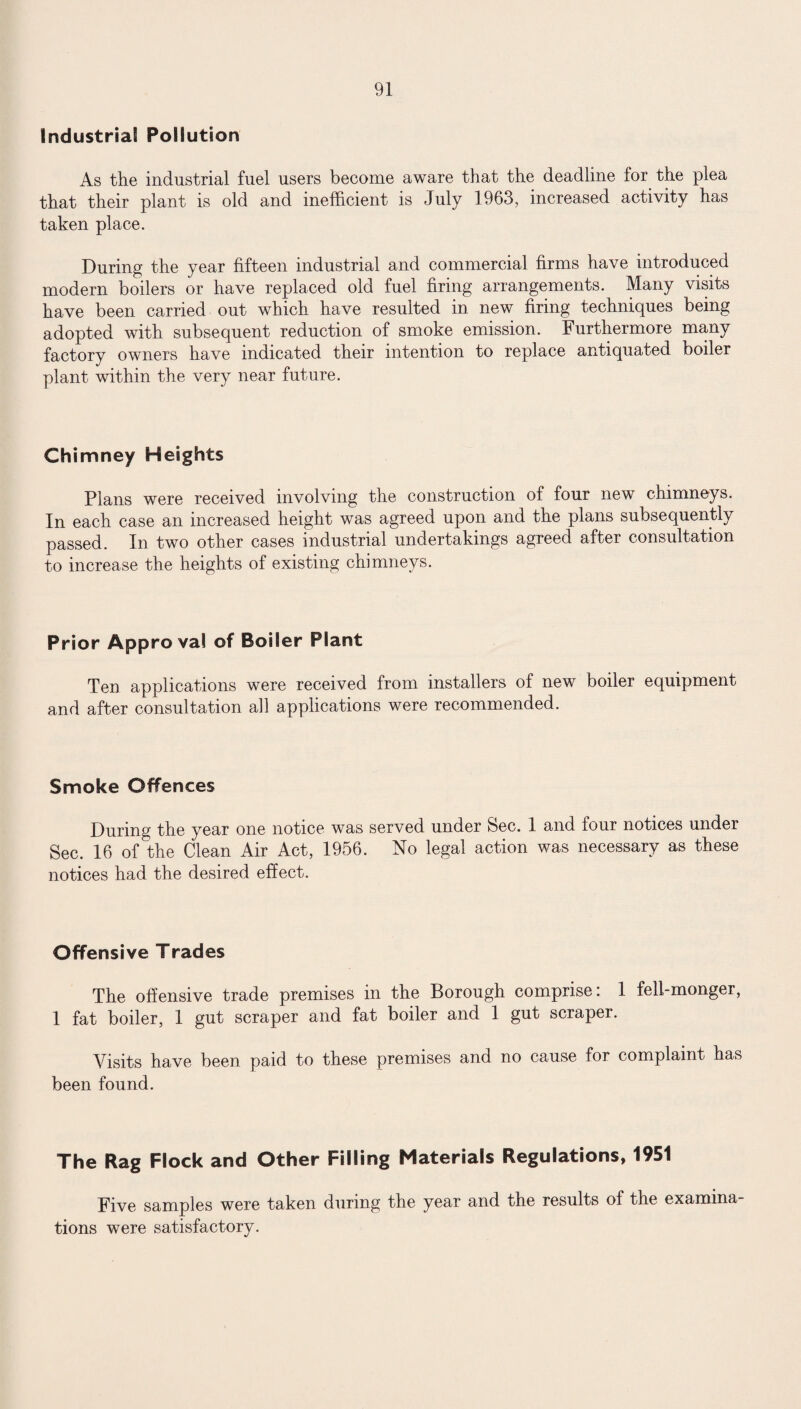 Industrial Pollution As the industrial fuel users become aware that the deadline for the plea that their plant is old and inefficient is July 1963, increased activity has taken place. During the year fifteen industrial and commercial firms have introduced modern boilers or have replaced old fuel firing arrangements. Many visits have been carried out which have resulted in new firing techniques being adopted with subsequent reduction of smoke emission. Furthermore many factory owners have indicated their intention to replace antiquated boiler plant within the very near future. Chimney Heights Plans were received involving the construction of four new chimneys. In each case an increased height was agreed upon and the plans subsequently passed. In two other cases industrial undertakings agreed after consultation to increase the heights of existing chimneys. Prior Approval of Boiler Plant Ten applications were received from installers of new boiler equipment and after consultation all applications were recommended. Smoke Offences During the year one notice was served under Bee. 1 and four notices under Sec. 16 of the Clean Air Act, 1956. No legal action was necessary as these notices had the desired effect. Offensive Trades The offensive trade premises in the Borough comprise: 1 fell-monger, 1 fat boiler, 1 gut scraper and fat boiler and 1 gut scraper. Visits have been paid to these premises and no cause for complaint has been found. The Rag Flock and Other Filling Materials Regulations, 1951 Five samples were taken during the year and the results of the examina¬ tions were satisfactory.