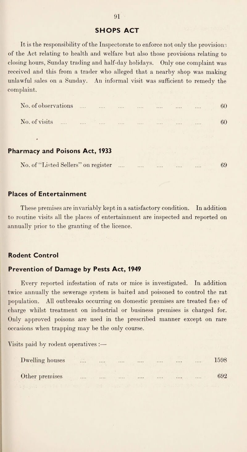 SHOPS ACT It is the responsibility of the Inspectorate to enforce not only the provisions of the Act relating to health and welfare but also those provisions relating to closing hours, Sunday trading and half-day holidays. Only one complaint was received and this from a trader who alleged that a nearby shop was making unlawful sales on a Sunday. An informal visit was sufficient to remedy the complaint. No. of observations .... .... .... .... .... .... .... 60 No. of visits .... .... .... .... .... .... .... .... 60 Pharmacy and Poisons Act, 1933 No. of “Listed Sellers” on register .... .... .... .... .... 69 Places of Entertainment These premises are invariably kept in a satisfactory condition. In addition to routine visits all the places of entertainment are inspected and reported on annually prior to the granting of the licence. Rodent Control Prevention of Damage by Pests Act, 1949 Every reported infestation of rats or mice is investigated. In addition twice annually the sewerage system is baited and poisoned to control the rat population. All outbreaks occurring on domestic premises are treated free of charge whilst treatment on industrial or business premises is charged for. Only approved poisons are used in the prescribed manner except on rare occasions when trapping may be the only course. Visits paid by rodent operatives :— Dwelling houses .... .... .... .... .... .... .... 1598 Other premises 692