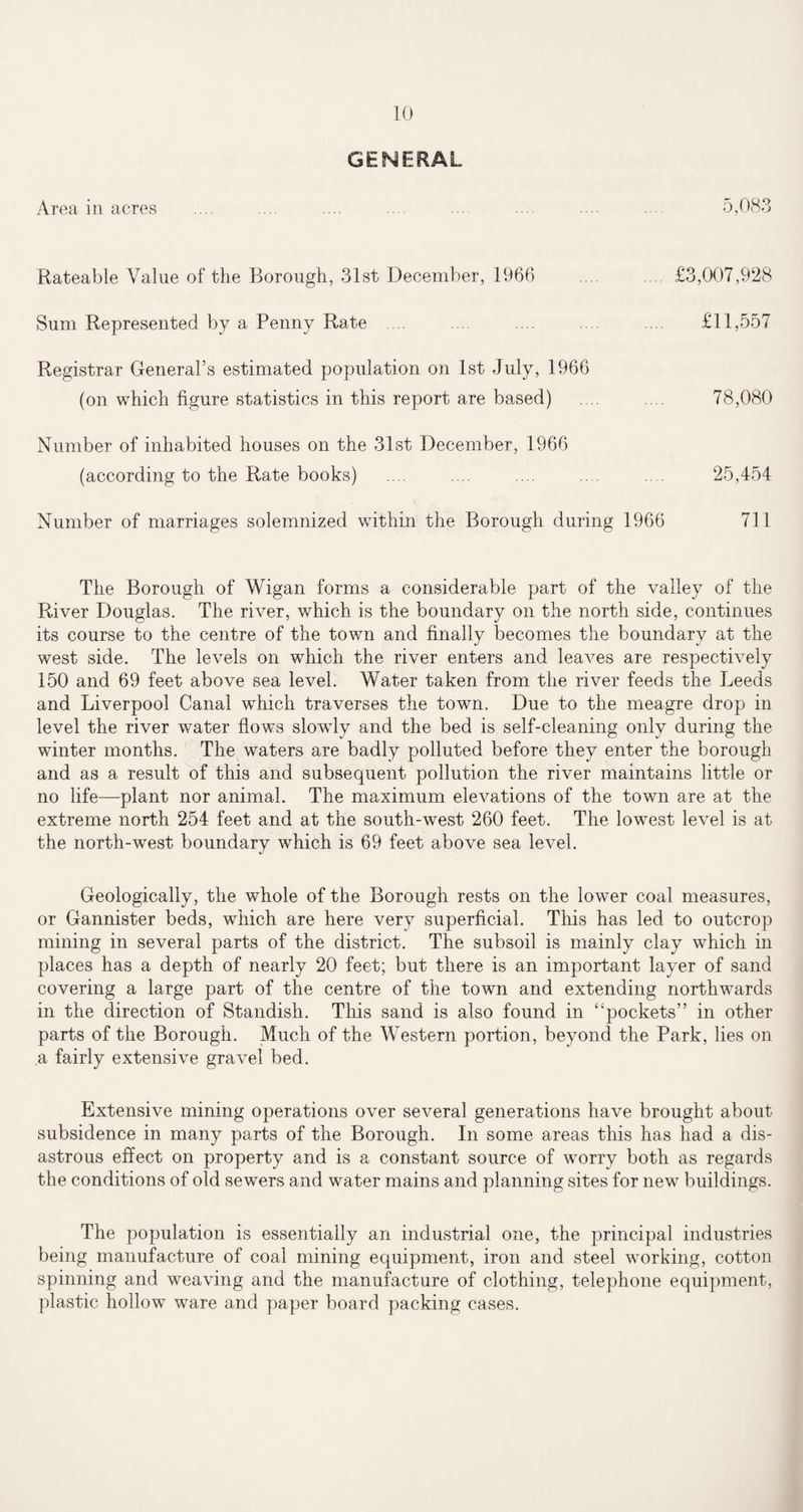 GENERAL Area in acres .... . .. ... 5,083 Rateable Value of the Borough, 31st December, 1966 .£3,007,928 Sum Represented by a Penny Rate .... . .. .... .... .... £11,557 Registrar General’s estimated population on 1st July, 1966 (on which figure statistics in this report are based) .... .... 78,080 Number of inhabited houses on the 31st December, 1966 (according to the Rate books) .... .... .... .. . .. . 25,454 Number of marriages solemnized within the Borough during 1966 711 The Borough of Wigan forms a considerable part of the valley of the River Douglas. The river, which is the boundary on the north side, continues its course to the centre of the town and finally becomes the boundary at the west side. The levels on which the river enters and leaves are respectively 150 and 69 feet above sea level. Water taken from the river feeds the Leeds and Liverpool Canal which traverses the town. Due to the meagre drop in level the river water flows slowly and the bed is self-cleaning only during the winter months. The waters are badly polluted before they enter the borough and as a result of this and subsequent pollution the river maintains little or no life—plant nor animal. The maximum elevations of the town are at the extreme north 254 feet and at the south-west 260 feet. The lowest level is at the north-west boundary which is 69 feet above sea level. Geologically, the whole of the Borough rests on the lower coal measures, or Gannister beds, which are here very superficial. This has led to outcrop mining in several parts of the district. The subsoil is mainly clay which in places has a depth of nearly 20 feet; but there is an important layer of sand covering a large part of the centre of the town and extending northwards in the direction of Standish. Tliis sand is also found in “pockets” in other parts of the Borough. Much of the Western portion, beyond the Park, lies on a fairly extensive gravel bed. Extensive mining operations over several generations have brought about subsidence in many parts of the Borough. In some areas this has had a dis¬ astrous effect on property and is a constant source of worry both as regards the conditions of old sewers and water mains and planning sites for new buildings. The population is essentially an industrial one, the principal industries being manufacture of coal mining equipment, iron and steel working, cotton spinning and weaving and the manufacture of clothing, telephone equipment, plastic hollow ware and paper board packing cases.