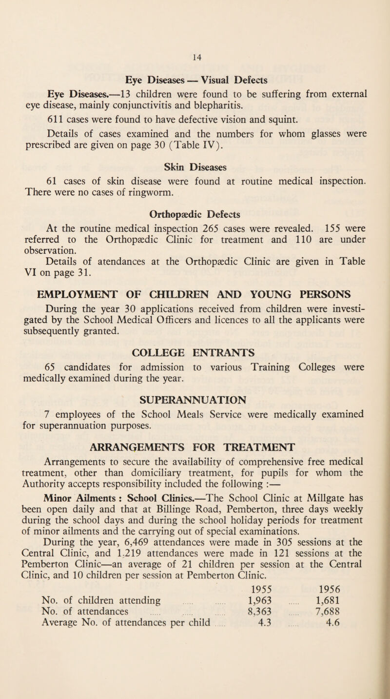 Eye Diseases — Visual Defects Eye Diseases.—13 children were found to be suffering from external eye disease, mainly conjunctivitis and blepharitis. 611 cases were found to have defective vision and squint. Details of cases examined and the numbers for whom glasses were prescribed are given on page 30 (Table IV). Skin Diseases 61 cases of skin disease were found at routine medical inspection. There were no cases of ringworm. Orthopaedic Defects At the routine medical inspection 265 cases were revealed. 155 were referred to the Orthopaedic Clinic for treatment and 110 are under observation. Details of atendances at the Orthopedic Clinic are given in Table VI on page 31. EMPLOYMENT OF CHILDREN AND YOUNG PERSONS During the year 30 applications received from children were investi¬ gated by the School Medical Officers and licences to all the applicants were subsequently granted. COLLEGE ENTRANTS 65 candidates for admission to various Training Colleges were medically examined during the year. SUPERANNUATION 7 employees of the School Meals Service were medically examined for superannuation purposes. ARRANGEMENTS FOR TREATMENT Arrangements to secure the availability of comprehensive free medical treatment, other than domiciliary treatment, for pupils for whom the Authority accepts responsibility included the following :— Minor Ailments : School Clinics.—The School Clinic at Millgate has been open daily and that at Billinge Road, Pemberton, three days weekly during the school days and during the school holiday periods for treatment of minor ailments and the carrying out of special examinations. During the year, 6,469 attendances were made in 305 sessions at the Central Clinic, and 1,219 attendances were made in 121 sessions at the Pemberton Clinic—an average of 21 children per session at the Central Clinic, and 10 children per session at Pemberton Clinic. 1955 1956 No. of children attending 1,963 1,681 No. of attendances 8,363 .. 7,688 Average No. of attendances per child 4.3 4.6