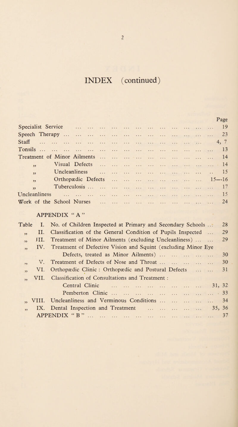 INDEX (continued) Specialist Service . Speech Therapy. Staff . Tonsils. Treatment of Minor Ailments „ Visual Defects „ Uncleanliness „ Orthopaedic Defects „ Tuberculosis. Uncleanliness . Work of the School Nurses Page 19 23 4, 7 13 14 14 15 15—16 17 15 24 APPENDIX “A” Table I. No. of Children Inspected at Primary and Secondary Schools ... 28 „ 11. Classification of the General Condition of Pupils Inspected ... 29 „ III. Treatment of Minor Ailments (excluding Uncleanliness). 29 „ IV. Treatment of Defective Vision and Squint (excluding Minor Eye Defects, treated as Minor Ailments). 30 ,, V. Treatment of Defects of Nose and Throat. 30 „ VI. Orthopaedic Clinic : Orthopaedic and Postural Defects . 31 „ VII. Classification of Consultations and Treatment : Central Clinic . 31, 32 Pemberton Clinic. -33 „ VIII. Uncleanliness and Verminous Conditions. 34 „ IX. Dental Inspection and Treatment . 35, 36 APPENDIX “ B ”. 37