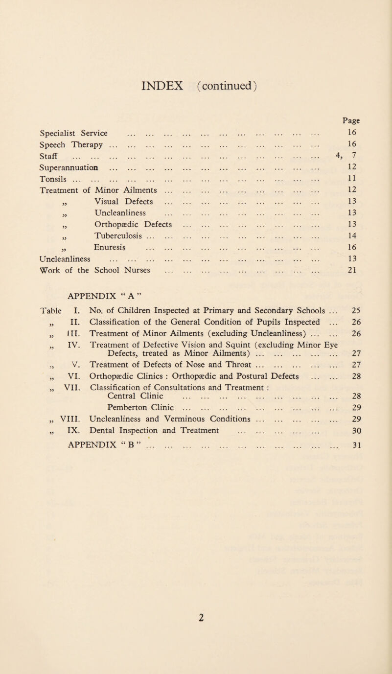 INDEX (continued) Specialist Service Speech Therapy Staff . Superannuation Tonsils . 4, APPENDIX “ B Page 16 16 7 12 11 Treatment of Minor Ailments . 12 Visual Defects ... 13 Uncleanliness . 13 Orthopaedic Defects . 13 Tuberculosis. 14 yy Enuresis . 16 Uncleanliness . 13 Work of the School Nurses . 21 APPENDIX “ A ” Table I. No. of Children Inspected at Primary and Secondary Schools ... 25 » 11. Classification of the General Condition of Pupils Inspected ... 26 a? III. Treatment of Minor Ailments (excluding Uncleanliness). 26 >5 IV. Treatment of Defective Vision and Squint (excluding Minor Eye Defects, treated as Minor Ailments). 27 V. Treatment of Defects of Nose and Throat. 27 >5 VI. Orthopaedic Clinics : Orthopaedic and Postural Defects . 28 VII. Classification of Consultations and Treatment : Central Clinic . 28 Pemberton Clinic . 29 VIII. Uncleanliness and Verminous Conditions. 29 IX. Dental Inspection and Treatment . 30 31