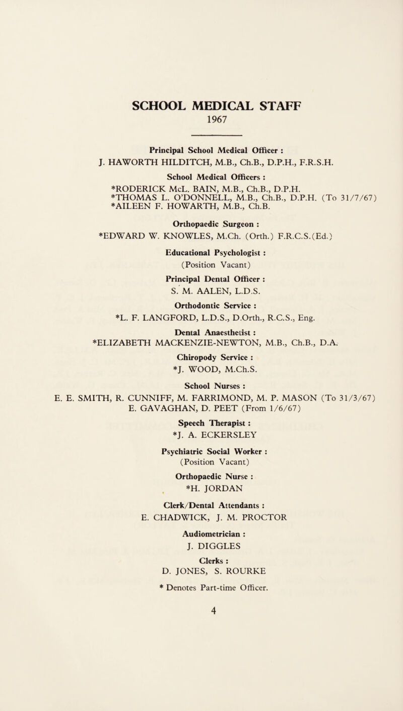 SCHOOL MEDICAL STAFF 1967 Principal School Medical Officer : J. HAWORTH HILDITCH, M.B., Ch.B., D.P.H., F.R.S.H. School Medical Officers : BRODERICK McL. BAIN, M.B., Ch.B., D.P.H. * THOMAS L. O’DONNELL, M.B., Ch.B., D.P.H. (To 31/7/67) *AILEEN F. HOWARTH, M.B., Ch.B. Orthopaedic Surgeon : *EDWARD W. KNOWLES, M.Ch. (Orth.) F.R.C.S.(Ed.) Educational Psychologist : (Position Vacant) Principal Dental Officer : S. M. AALEN, L.D.S. Orthodontic Service : *L. F. LANGFORD, L.D.S., D.Orth., R.C.S., Eng. Dental Anaesthetist: ^ELIZABETH MACKENZIE-NEWTON, M.B., Ch.B., D.A. Chiropody Service : *J. WOOD, M.Ch.S. School Nurses : E. E. SMITH, R. CUNNIFF, M. FARRIMOND, M. P. MASON (To 31/3/67) E. GAVAGHAN, D. PEET (From 1/6/67) Speech Therapist: *J. A. ECKERSLEY Psychiatric Social Worker : (Position Vacant) Orthopaedic Nurse : *H. JORDAN Clerk/Dental Attendants : E. CHADWICK, J. M. PROCTOR Audiometrician : J. DIGGLES Clerks : D. JONES, S. ROURKE * Denotes Part-time Officer.