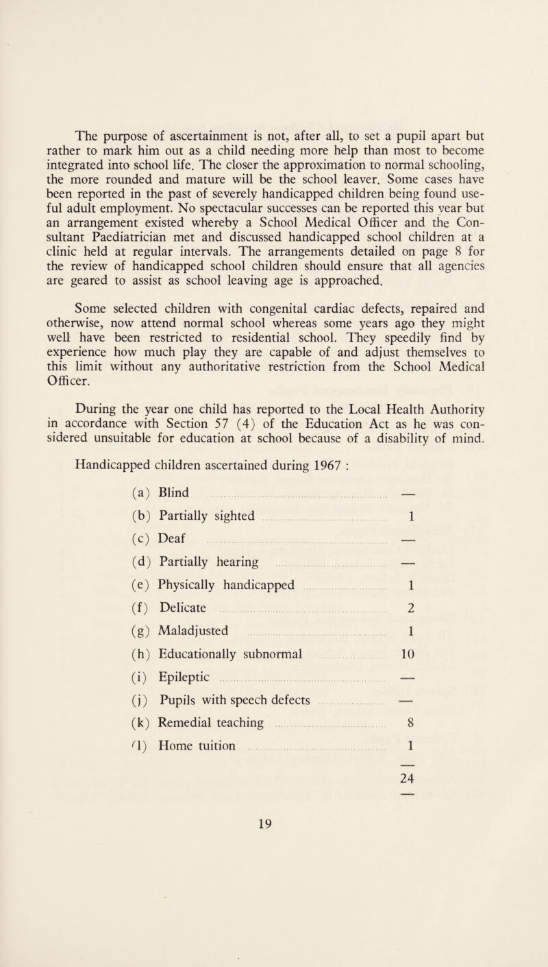 The purpose of ascertainment is not, after all, to set a pupil apart but rather to mark him out as a child needing more help than most to become integrated into school life. The closer the approximation to normal schooling, the more rounded and mature will be the school leaver. Some cases have been reported in the past of severely handicapped children being found use¬ ful adult employment. No spectacular successes can be reported this year but an arrangement existed whereby a School Medical Officer and the Con¬ sultant Paediatrician met and discussed handicapped school children at a clinic held at regular intervals. The arrangements detailed on page 8 for the review of handicapped school children should ensure that all agencies are geared to assist as school leaving age is approached. Some selected children with congenital cardiac defects, repaired and otherwise, now attend normal school whereas some years ago they might well have been restricted to residential school. They speedily find by experience how much play they are capable of and adjust themselves to this limit without any authoritative restriction from the School Medical Officer. During the year one child has reported to the Local Health Authority in accordance with Section 57 (4) of the Education Act as he was con¬ sidered unsuitable for education at school because of a disability of mind. Handicapped children ascertained during 1967 : (a) Blind — (b) Partially sighted 1 (c) Deaf —- (d) Partially hearing — (e) Physically handicapped 1 (f) Delicate 2 (g) Maladjusted 1 (h) Educationally subnormal 10 (i) Epileptic —~ (j) Pupils with speech defects — (k) Remedial teaching 8 H) Home tuition 1 24