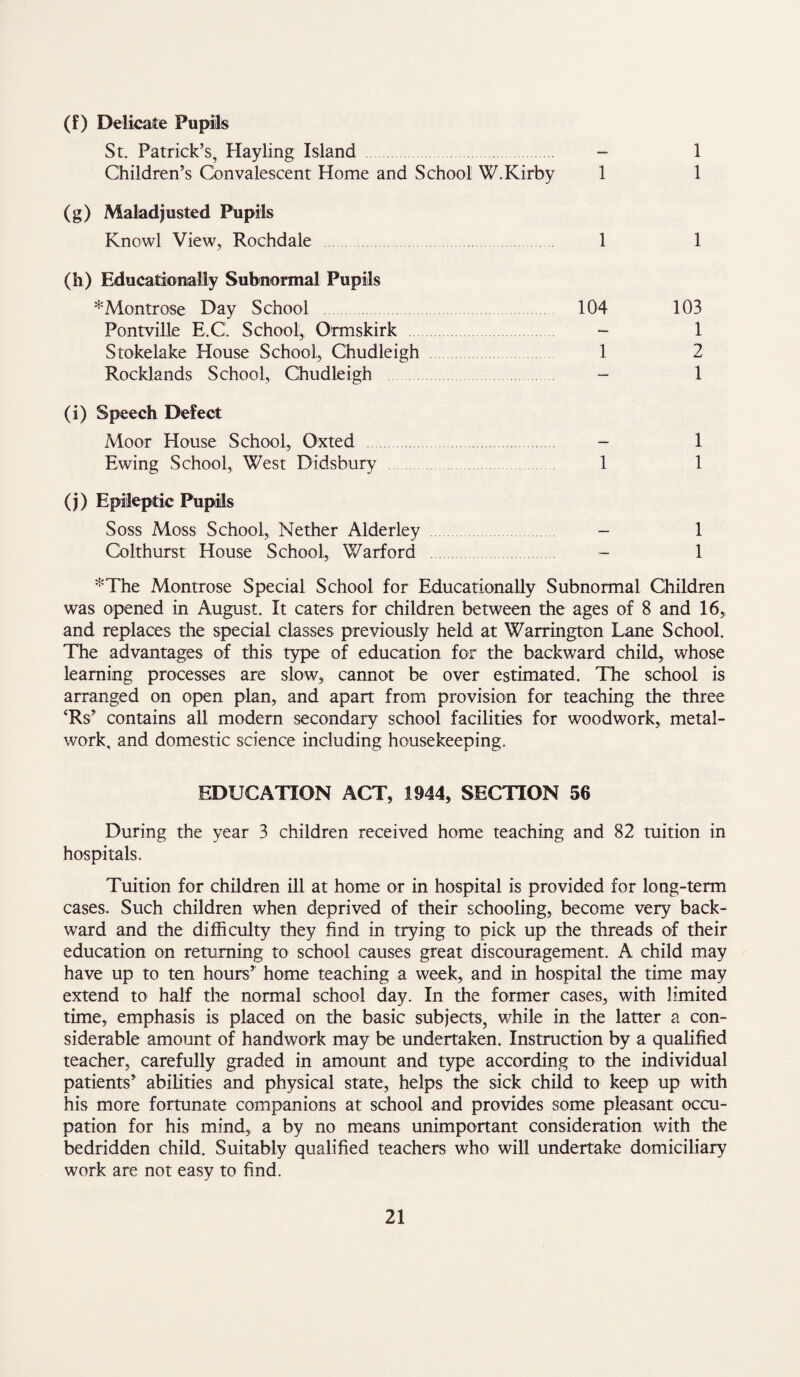 (f) Delicate Pupils St. Patrick’s, Hayling Island . - 1 Children’s Convalescent Home and School W.Kirby 1 1 (g) Maladjusted Pupils Knowl View, Rochdale 1 1 (h) Educationally Subnormal Pupils * Montrose Day School . 104 103 Pontville E.C. School, Ormskirk - 1 Stokelake House School, Chudleigh 1 2 Rocklands School, Chudleigh - 1 (i) Speech Defect Moor House School, Oxted - 1 Ewing School, West Didsbury 1 1 (j) Epileptic Pupils Soss Moss School, Nether Alderley - 1 Colthurst House School, Warford - 1 *The Montrose Special School for Educationally Subnormal Children was opened in August. It caters for children between the ages of 8 and 16, and replaces the special classes previously held at Warrington Lane School. The advantages of this type of education for the backward child, whose learning processes are slow, cannot be over estimated. The school is arranged on open plan, and apart from provision for teaching the three ‘Rs’ contains all modern secondary school facilities for woodwork, metal¬ work, and domestic science including housekeeping. EDUCATION ACT, 1944, SECTION 56 During the year 3 children received home teaching and 82 tuition in hospitals. Tuition for children ill at home or in hospital is provided for long-term cases. Such children when deprived of their schooling, become very back¬ ward and the difficulty they find in trying to pick up the threads of their education on returning to school causes great discouragement. A child may have up to ten hours’ home teaching a week, and in hospital the time may extend to half the normal school day. In the former cases, with limited time, emphasis is placed on the basic subjects, while in the latter a con¬ siderable amount of handwork may be undertaken. Instruction by a qualified teacher, carefully graded in amount and type according to the individual patients’ abilities and physical state, helps the sick child to keep up with his more fortunate companions at school and provides some pleasant occu¬ pation for his mind, a by no means unimportant consideration with the bedridden child. Suitably qualified teachers who will undertake domiciliary work are not easy to find.