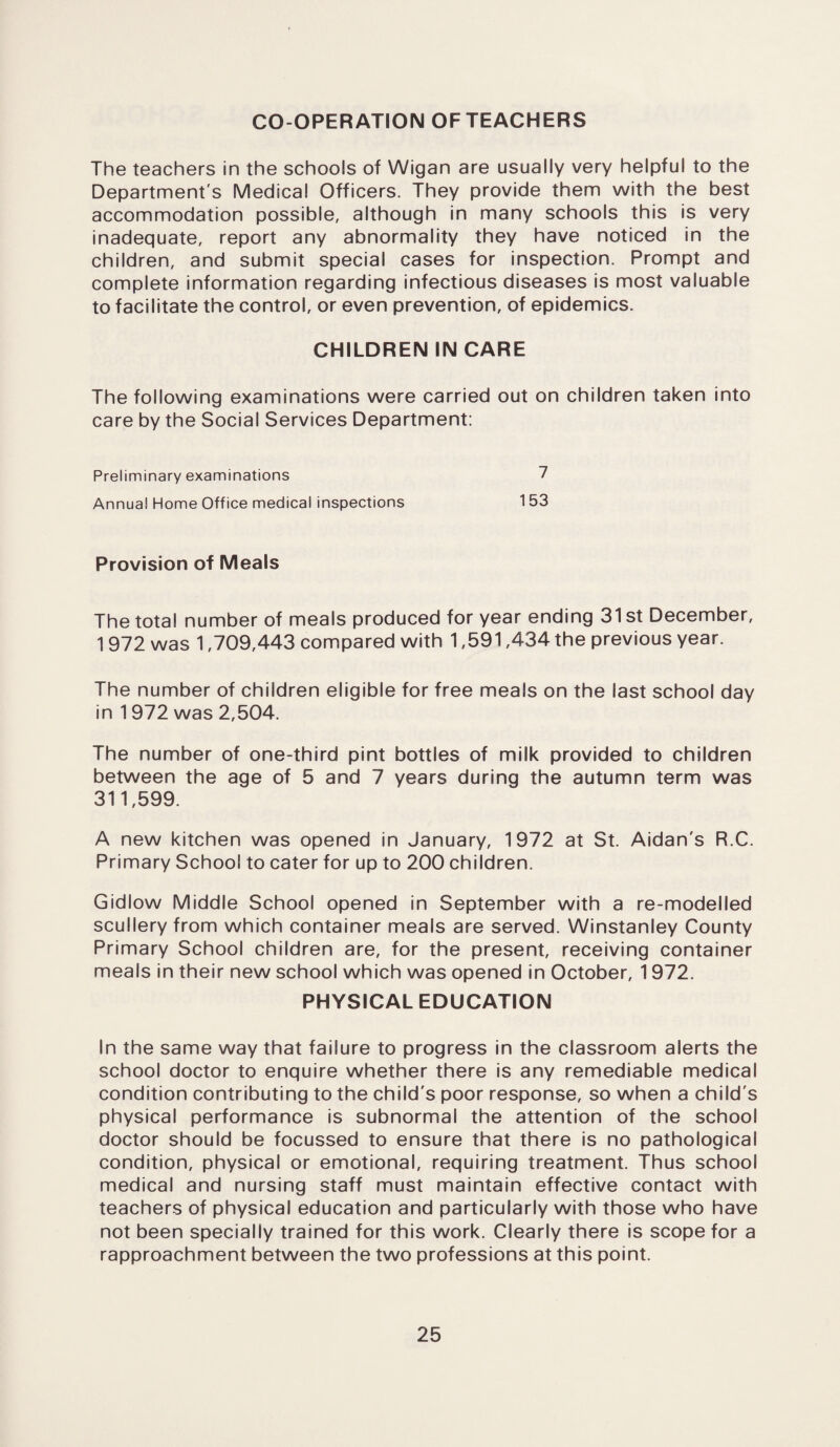 CO-OPERATION OFTEACHERS The teachers in the schools of Wigan are usually very helpful to the Department's Medical Officers. They provide them with the best accommodation possible, although in many schools this is very inadequate, report any abnormality they have noticed in the children, and submit special cases for inspection. Prompt and complete information regarding infectious diseases is most valuable to facilitate the control, or even prevention, of epidemics. CHILDREN IN CARE The following examinations were carried out on children taken into care by the Social Services Department: Preliminary examinations ' Annua! Home Office medical inspections 153 Provision of Meals The total number of meals produced for year ending 31 st December, 1 972 was 1,709,443 compared with 1,591,434 the previous year. The number of children eligible for free meals on the last school day in 1 972 was 2,504. The number of one-third pint bottles of milk provided to children between the age of 5 and 7 years during the autumn term was 311,599. A new kitchen was opened in January, 1972 at St. Aidan's R.C. Primary School to cater for up to 200 children. Gidlow Middle School opened in September with a re-modelled scullery from which container meals are served. Winstanley County Primary School children are, for the present, receiving container meals in their new school which was opened in October, 1972. PHYSICAL EDUCATION In the same way that failure to progress in the classroom alerts the school doctor to enquire whether there is any remediable medical condition contributing to the child's poor response, so when a child's physical performance is subnormal the attention of the school doctor should be focussed to ensure that there is no pathological condition, physical or emotional, requiring treatment. Thus school medical and nursing staff must maintain effective contact with teachers of physical education and particularly with those who have not been specially trained for this work. Clearly there is scope for a rapproachment between the two professions at this point.