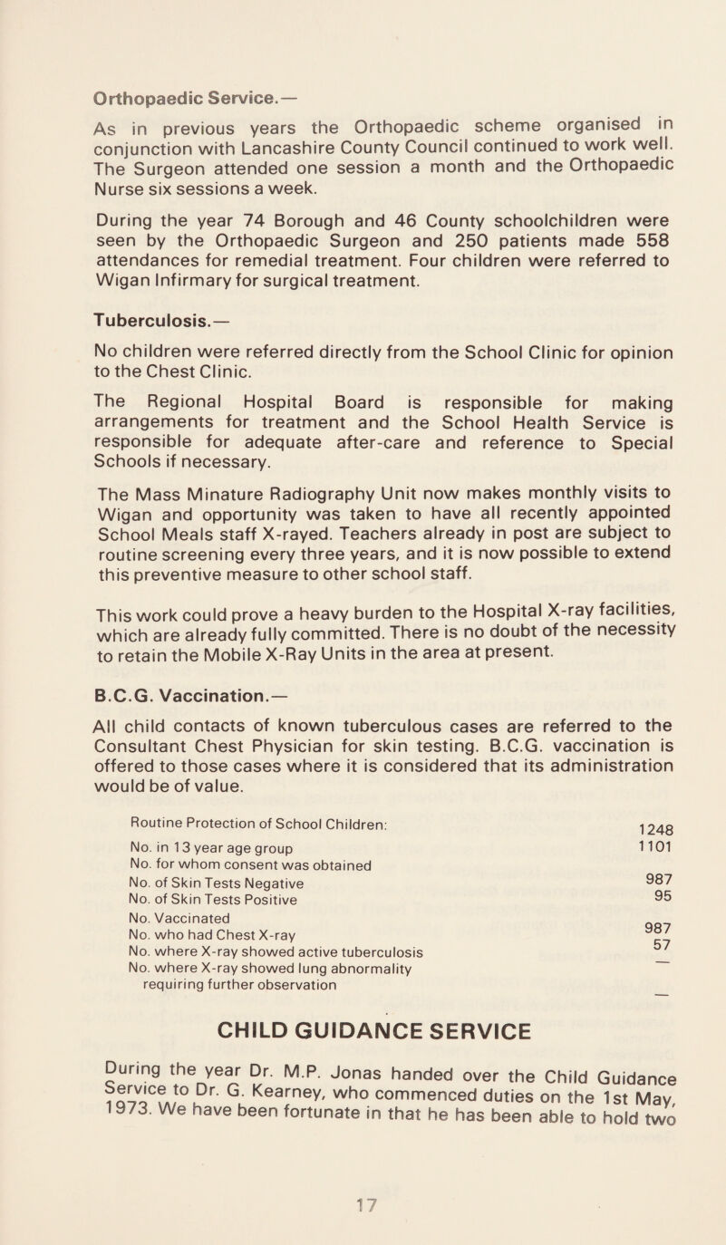 Orthopaedic Service.— As in previous years the Orthopaedic scheme organised in conjunction with Lancashire County Council continued to work well. The Surgeon attended one session a month and the Orthopaedic Nurse six sessions a week. During the year 74 Borough and 46 County schoolchildren were seen by the Orthopaedic Surgeon and 250 patients made 558 attendances for remedial treatment. Four children were referred to Wigan Infirmary for surgical treatment. Tuberculosis.— No children were referred directly from the School Clinic for opinion to the Chest Clinic. The Regional Hospital Board is responsible for making arrangements for treatment and the School Health Service is responsible for adequate after-care and reference to Special Schools if necessary. The Mass Minature Radiography Unit now makes monthly visits to Wigan and opportunity was taken to have all recently appointed School Meals staff X-rayed. Teachers already in post are subject to routine screening every three years, and it is now possible to extend this preventive measure to other school staff. This work could prove a heavy burden to the Hospital X-ray facilities, which are already fully committed. There is no doubt of the necessity to retain the Mobile X-Ray Units in the area at present. B.C.G. Vaccination.— All child contacts of known tuberculous cases are referred to the Consultant Chest Physician for skin testing. B.C.G. vaccination is offered to those cases where it is considered that its administration would be of value. Routine Protection of School Children: No. in 1 3 year age group No. for whom consent was obtained No. of Skin Tests Negative No. of Skin Tests Positive No. Vaccinated No. who had Chest X-ray No. where X-ray showed active tuberculosis No. where X-ray showed lung abnormality requiring further observation 1248 1101 987 95 987 57 CHILD GUIDANCE SERVICE During the year Dr. M.P. Jonas handed over the Child Guidance io^VoCf«,t0 J r' . Kearney- who commenced duties on the 1st May 1973. We have been fortunate in that he has been able to hold two