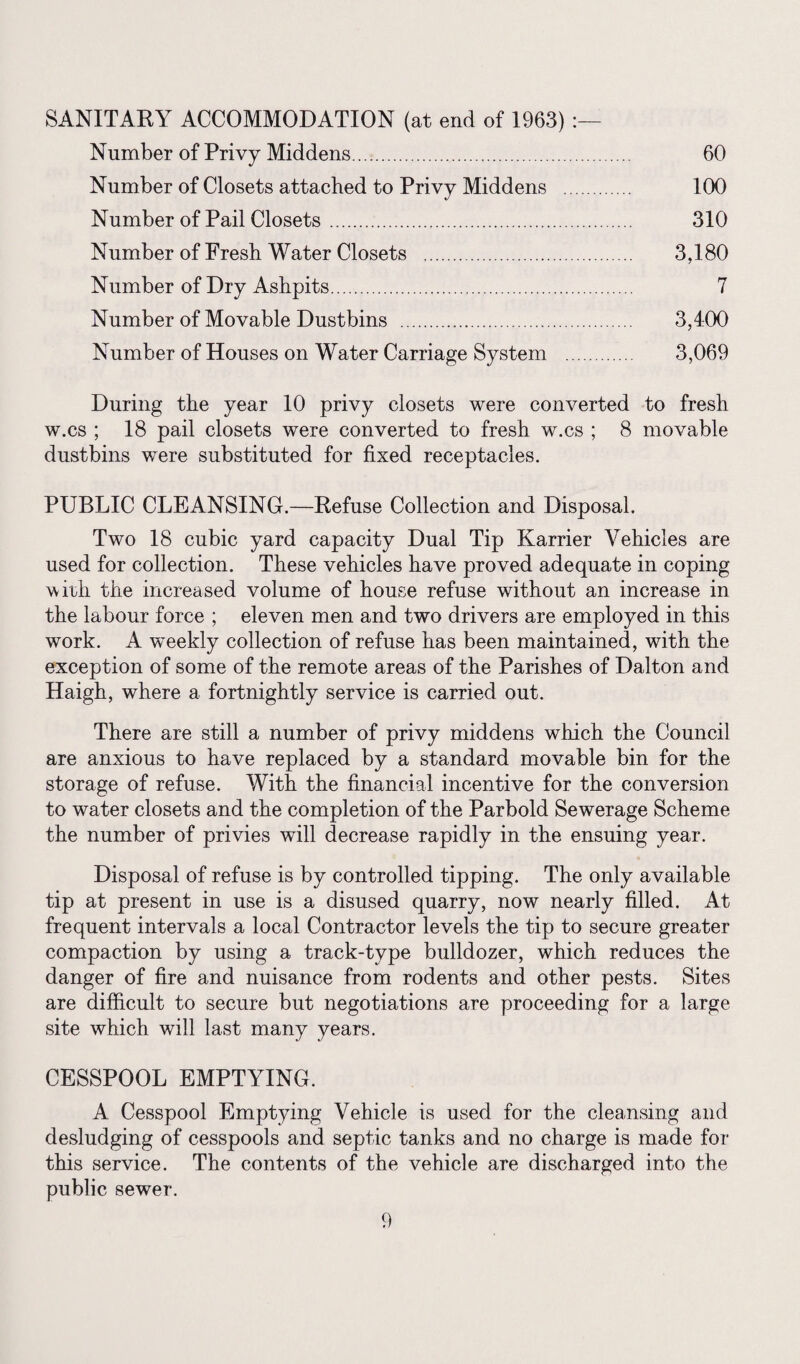 SANITARY ACCOMMODATION (at end of 1963) Number of Privy Middens. 60 Number of Closets attached to Privy Middens . 100 Number of Pail Closets. 310 Number of Fresh Water Closets . 3,180 Number of Dry Ashpits. 7 Number of Movable Dustbins . 3,400 Number of Houses on Water Carriage System . 3,069 During the year 10 privy closets were converted to fresh w.cs ; 18 pail closets were converted to fresh w.cs ; 8 movable dustbins were substituted for fixed receptacles. PUBLIC CLEANSING.—Refuse Collection and Disposal. Two 18 cubic yard capacity Dual Tip Karrier Vehicles are used for collection. These vehicles have proved adequate in coping with the increased volume of house refuse without an increase in the labour force ; eleven men and two drivers are employed in this work. A weekly collection of refuse has been maintained, with the exception of some of the remote areas of the Parishes of Dalton and Haigh, where a fortnightly service is carried out. There are still a number of privy middens which the Council are anxious to have replaced by a standard movable bin for the storage of refuse. With the financial incentive for the conversion to water closets and the completion of the Parbold Sewerage Scheme the number of privies will decrease rapidly in the ensuing year. Disposal of refuse is by controlled tipping. The only available tip at present in use is a disused quarry, now nearly filled. At frequent intervals a local Contractor levels the tip to secure greater compaction by using a track-type bulldozer, which reduces the danger of fire and nuisance from rodents and other pests. Sites are difficult to secure but negotiations are proceeding for a large site which will last many years. CESSPOOL EMPTYING. A Cesspool Emptying Vehicle is used for the cleansing and desludging of cesspools and septic tanks and no charge is made for this service. The contents of the vehicle are discharged into the public sewer.