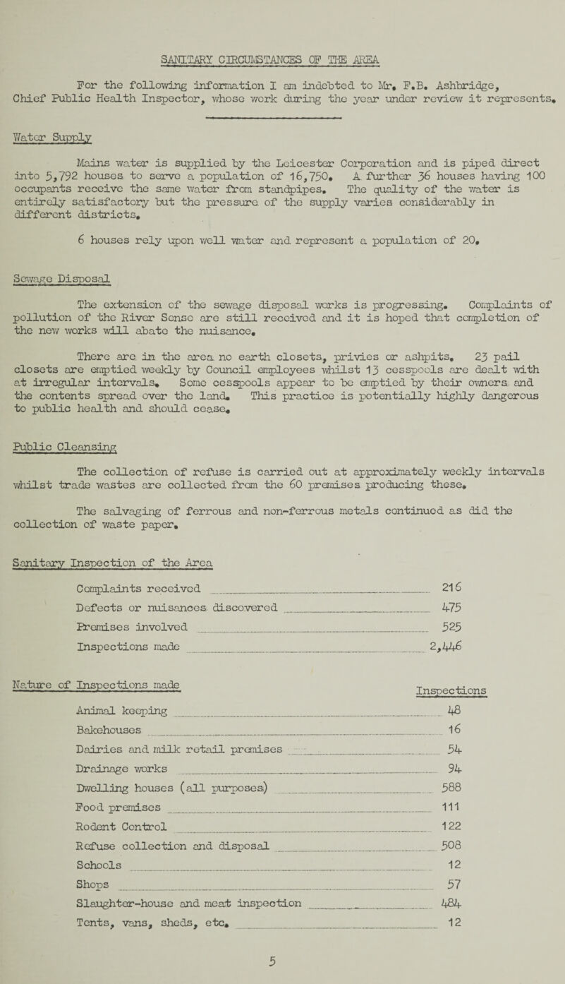 SANITARY C IRCUMS TANCES OP THE AREA For the following information I am indebted to Mr, P.B. Ashhridge, Chief Public Health Inspector, whose work daring the year under review it represents. Yfatcr Supply Mains water is supplied by the Leicester Corporation and is piped direct into 5,792 houses to serve a population of 16,750* A further 36 houses having 100 occupants receive the some water from standpipes. The quality of the water is entirely satisfactory but the pressure of the supply varies considerably in different districts, 6 houses rely upon well water and represent a population of 20, Sewage Disposal The extension of the sewage disposal works is progressing. Complaints of pollution of the River Sense are still received and it is hoped that completion of the new works will abate the nuisance. There are in the area no earth closets, privies or ashpits, 23 pail closets are emptied weekly by Council employees whilst 13 cesspools are dealt with at irregular intervals. Some cesspools appear to be emptied by their owners and the contents spread over the land. This practice is potentially highly dangerous to public health and should cease. Public Cleansing The collection of refuse is carried out at approximately weekly intervals whilst trade wastes are collected from the 60 premises producing these. The salvaging of ferrous and non-ferrous metals continued as did the collection of waste paper. Sanitary Inspection of the Area Complaints received ......... 216 Defects or nuisances, discovered ....... 475 Premises involved ............. 525 Inspections made _ ........2,2+46 Nature of Inspections made Inspections Animal keeping Bakehouses ......... Dairies and milk retail premises Drainage works Dwelling houses (all purposes) Food premises Rodent Control Refuse collection and disposal .. Schools ._......... Shops Slaughter-house and meat inspection Tents, vans, sheds, etc. kQ 16 54 94 588 111 122 508 12 57 484 12 5