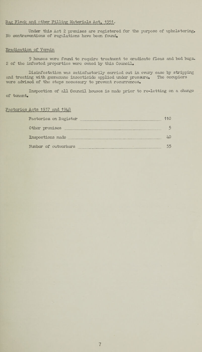 Rag Flock and other Pilling Materials Act, 1951° Under this Act 2 premises are registered for the purpose of upholstering. No contraventions of regulations have been found* Eradication of Vermin 9 houses were found to require treatment to eradicate fleas and bed bugs. 2 of the infested properties were owned by this Council. Disinfestation was satisfactorily carried out in every case by stripping and treating with gammexane insecticide applied under pressure. The occupiers were advised of the steps necessary to prevent recurrences. Inspection of all Council houses is made prior to re-letting on a change of tenant. Factories Acts 1937 and 1948 Factories, on Register ............... 110 Other premises _________ 5 Inspections made........_........__. 40 Number of outworkers ..........•_.... 55 7