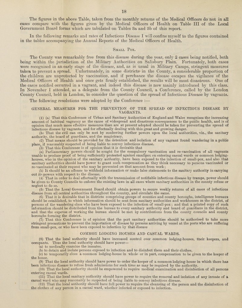 The figures in the above Table, taken from the monthly returns of the Medical Officers do not in all cases compare with the figures given by the Medical Officers of Health on Table III of the Local Government Board forms which are tabulated on Tables 8a and 8b of this report. In the following remarks and rates of Infectious Disease I will confine myself to the figures contained in the tables accompanying the Annual Reports of the Medical Officers of Health. Small Pox. The County was remarkably free from this disease during the year, only 2 cases being notified, both being within the jurisdiction of the Military Authorities on Salisbury Plain. Fortunately, both cases were recognised in an early stage of the disease, and, as is usual in Military Camps, stringent measures taken to prevent a spread. Unfortunately, in some districts- in the County, a considerable proportion of the children are unprotected by vaccination, and if perchance the disease escapes the vigilance of the Medical Officers of Health and once gets firmly established, the results will be most disastrous. One of the cases notified occurred in a vagrant, and indeed this disease is now mainly introduced by this class. In November I attended, as a delegate from the County Council, a Conference, called by the London County Council, held in London, to consider the question of the spread of Infectious Disease by vagrants. The following resolutions were adopted by the Conference :— GENERAL MEASURES FOR THE PREVENTION OF THE SPREAD OF INFECTIOUS DISEASE BY VAGRANTS. (1) (a) That this Conference of Urban and Sanitary Authorities of England and Wales recognises the increasing amount of habitual vagrancy as the cause of widespread and disastrous consequences to the public health, and is of opinion that much more effective measures than are at present adopted should be taken for preventing the spread of infectious disease by vagrants, and for effectually dealing with this great and growing danger. (b) That the evil can only be met by conferring further powers upon the local authorities, viz., the sanitary authority, the board of guardians, and the magistracy. (2) That means should be provided for the detention and isolation of any vagrant found wandering in a public place, if reasonably suspected of being liable to convey infectious disease. (3) That this Conference is of opinion that it is desirable that (a) Parliamentary powers should be sought for the compulsory vaccination and re-vaccination of all vagrants unable to produce proof of being sufficiently protected against smallpox on entering casual wards or common lodging- houses, who in the opinion of the sanitary authority, have been exposed to the infection of small-pox, and also that sanitary authorities should have power to grant such compensation as they think necessary to persons vaccinated or re-vaccinated at their request who may be prevented on that account from work; (b) It should be an offence to withhold information or make false statements to the sanitary authority in carrying out its powers with respect to the disease. (4) That in order to deal effectually with the transmission of notifiable infectious disease by tramps, power should be given to County Councils to enforce the existing laws in all cases where sanitary authorities in the county refuse or neglect to do so. (5) That the Local Government Board should obtain powers to secure weekly returns of all cases of infectious disease from all central authorities throughout the country, and circulate the same. (6) That it is desirable that in districts comprising groups of counties and county boroughs, intelligence bureaux should be established, to which information should be sent from sanitary authorities and workhouses in the district, of persons of the wandering class who have been exposed to the infection of small-pox ; and that a printed copy of such information should be distributed from the bureau to every sanitary authority and board of guardians in the district, and that the expense of working the bureau should be met by contributions from the county councils and county boroughs forming the district. (7) That this Conference is of opinion that the port sanitary authorities should be authorised to take more stringent precautions to prevent the importation of disease by persons arriving by vessel at the ports who are suffering from small-pox, or who have been exposed to infection by that disease COMMON LODGING HOUSES AND CASUAL WARDS. (8) That the local authority should have increased control over common lodging-houses, their keepers, and occupants. Thus the local authority should have power— (a) to medically examine the inmates. (b) to detain and isolate persons exposed to infection and to disinfect them and their clothes. (c) to temporarily close a common lodging-house in whole or in part, compensation to be given to the keeper of the house. (9) That the local authority should have power to order the keeper of a common lodging-house in which there has been infectious disease to refuse fresh admissions for such time as may be required by the authority. (10) That the local authority should be empowered to require medical examination and disinfection of all persons entering casual wards. (11) That the local sanitary authority should have power to require the removal and isolation of any inmate of a casual ward who may reasonably be suspected of being liable to convey infectious disease. (12) That the local authority should have full power to require the cleansing of the person and the disinfection of the clothes of any person in a casual ward, whether infected or exposed to infection.