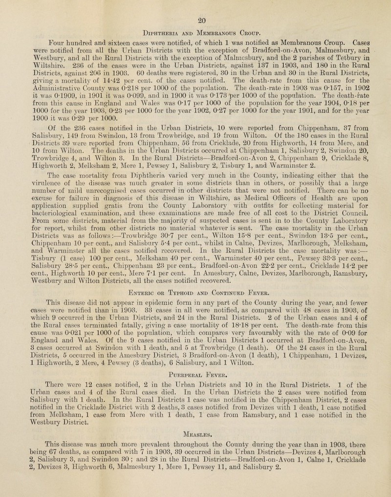 Diphtheria and Membranous Croup. Four hundred and sixteen cases were notified, of which 1 was notified as Membranous Croup. Cases were notified from all the Urban Districts with the exception of Bradford-on-Avon, Malmesbury, and Westbury, and all the Rural Districts with the exception of Malmesbury, and the 2 parishes of Tetbury in Wiltshire. 286 of the cases were in the Urban Districts, against 137 in 1903, and 180 in the Rural Districts, against 206 in 1908. 60 deaths were registered, 30 in the Urban and 30 in the Rural Districts, giving a mortality of 14-42 per cent, of the cases notified. The death-rate from this cause for the Administrative County was 0-218 per 1000 of the population. The death-rate in 1903 was 0-157, in 1902 it was 0-1909, in 190i it was 0-099, and in 1900 it was 0-173 per 1000 of the population. The death-rate from this cause in England and Wales was 0-17 per 1000 of the population for the year 1904, 0*18 per 1000 for the year 1903, 0-23 per 1000 for the year 1902, 0-27 per 1000 for the year 1901, and for the year 1900 it was 0-29 per 1000. Of the 236 cases notified in the Urban Districts, 10 were reported from Chippenham, 37 from Salisbury, 149 from Swindon, 13 from Trowbridge, and 19 from Wilton. Of the 180 cases in the Rural Districts 39 were reported from Chippenham, 56 from Cricklade, 20 from Highworth, 14 from Mere, and 10 from Wilton. The deaths in the Urban Districts occurred at Chippenham 1, Salisbury 2, Swindon 20, Trowbridge 4, and Wilton 3. In the Rural Districts—Bradford-on-Avon 2, Chippenham 9, Cricklade 8, Highworth 2, Melksham 2, Mere 1, Pewsey 1, Salisbury 2, Tisbury 1, and Warminster 2. The case mortality from Diphtheria varied very much in the County, indicating either that the virulence of the disease was much greater in some districts than in others, or possibly that a large number of mild unrecognised cases occurred in other districts that were not notified. There can be no excuse for failure in diagnosis of this disease in Wiltshire, as Medical Officers of Health are upon application supplied gratis from the County Laboratory with outfits for collecting material for bacteriological examination, and these examinations are made free of all cost to the District Council. From some districts, material from the majority of suspected cases is sent in to the County Laboratory for report, whilst from other districts no material whatever is sent. The case mortality in the Urban Districts was as follows:—Trowbridge 30*7 per cent., Wilton 15-8 per cent., Swindon 43*5 per cent., Chippenham 10 per cent., and Salisbury 5-4 per cent., whilst in Caine, Devizes, Marlborough, Melksham, and Warminster all the cases notified recovered. In the Rural Districts the case mortality was:— Tisbury (1 case) 100 per cent., Melksham 40 per cent., Warminster 40 per cent., Pewsey 38-3 per cent., Salisbury 28-5 per cent., Chippenham 23 per cent., Bradford-on- Avon 22-2 per cent., Cricklade 14-2 per cent., Highworth 10 per cent., Mere 7-1 per cent. In Amesbury, Caine, Devizes, Marlborough, Ramsbury, Westbury and Wilton Districts, all the cases notified recovered. Enteric or Typhoid and Continued Fever. This disease did not appear in epidemic form in any part of the County during the year, and fewer cases were notified than in 1903. 38 cases in all were notified, as compared with 48 cases in 1903, of which 9 occurred in the Urban Districts, and 24 in the Rural Districts. 2 of the Urban cases and 4 of the Rural cases terminated fatally, giving a, case mortality of 18*18 per cent. The death-rate from this cause was 0-021 per 1000 of the population, which compares very favourably with the rate of 0-09 for England and Wales. Of the 9 cases notified in the Urban Districts 1 occurred at Bradford-on-Avon, 3 cases occurred at Swindon with 1 death, and 5 at Trowbridge (1 death). Of the 24 cases in the Rural Districts, 5 occurred in the Amesbury District, 3 Bradford-on-Avon (1 death), 1 Chippenham, 1 Devizes, 1 Highworth, 2 Mere, 4 Pewsey (3 deaths), 6 Salisbury, and 1 Wilton. Puerperal Fever. There were 12 cases notified, 2 in the Urban Districts and 10 in the Rural Districts. 1 of the Urban cases and 4 of the Rural cases died. In the Urban Districts the 2 cases were notified from Salisbury with 1 death. In the Rural Districts 1 case was notified in the Chippenham District, 2 cases notified in the Cricklade District with 2 deaths, 8 cases notified from Devizes with 1 death., 1 case notified from Melksham, 1 case from Mere with 1 death, 1 case from Ramsbury, and 1 case notified in the Westbury District. Measles. This disease was much more prevalent throughout the County during the year than in 1903, there being 67 deaths, as compared with 7 in 1903, 39 occurred in the Urban Districts—Devizes 4, Marlborough 2, Salisbury 3, and Swindon 30 ; and 28 in the Rural Districts—Bradford-on-Avon 1, Caine 1, Cricklade 2, Devizes 3, Highworth 6, Malmesbury 1, Mere 1, Pewsey 11, and Salisbury 2.