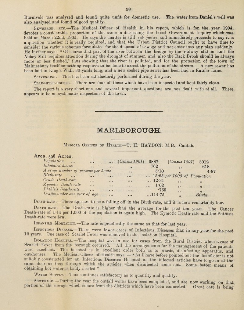 Burnivale was analysed and found quite unfit for domestic use. The water from Daniel’s well was also analysed and found of good quality. Sewerage, etc.—The Medical Officer of Health in his report, which is for the year 1904, devotes a considerable proportion of the same in discussing the Local Government Inquiry which was held on March 22nd, 1905. He says the matter is still sub judice, and immediately proceeds to say it is a question whether it is really required, and that the Urban District Council ought to have time to consider the various schemes formulated for the disposal of sewage and not enter into any plan suddenly. He further says : “ Of course that part of the river between the bridge by the railway station and the Abbey Mill requires attention during the drought of summer, and also the Back Brook should be always more or less Hushed,” thus showing that the river is polluted, and for the protection of the town of Malmesbury itself something requires to be done to arrest the pollution of the stream. A new sewer has been laid in King’s Wall, 30 yards long, and a new socket pipe sewer has been laid in Katifer Lane. Scavenging.—This has been satisfactorily performed during the year. Slaughter-houses.—There are four of these which have been inspected and kept fairly clean. The report is a very short one and several important questions are not dealt with at all. There appears to be no systematic inspection of the town. MARLBOROUGH. Medical Officer of Health—T. H. HAYDON, M.B., Cantab. Area, 598 Acres. Population Inhabited houses Average number of persons per house Birth-rate Crude Death-rate Zymotic Death-rate Phthisis Death-rate Deaths under one year of age (Census 1901) 3887 (Census 1891) 3012 „ 762 „ 618 „ 5-10 „ 4-87 ... ... 15*65 per 1000 of Population )> )> j » Births 12*31 1*02 *769 .114-75 y y y y yy yy Birth-rate. There appears to be a falling off in the Birth-rate, and it is now remarkably low. Death-rate. The Death-rate is higher than the average for the past ten 37ears. The Cancer Death-rate of 1*44 per 1,000 of the population is again high. The Zymotic Death-rate and the Phthisis Death-rate were low. Infantile Mortality.—-The rate is practically the same as that for last year. Infectious Disease.—There were fewer cases of Infectious Diseases than in any year for the past 12 years. One case of Scarlet Fever was removed to the Isolation Hospital. Isolation Hospital.—The hospital was in use for cases from the Rural District when a case of Scarlet Fever from the borough occurred. All the arrangements for the management of the patients were excellent. The hospital is in excellent order both as to wards, disinfecting apparatus, and out-houses. The Medical Officer of Health says :—“ As I have before pointed out the disinfector is not suitably constructed for an Infectious Diseases Hospital, as the infected articles have to go in at the same door as that through which the articles when disinfected come out. Some better means of obtaining hot water is badly needed.” Water Supply.—This continues satisfactory as to quantity and quality. Sewerage.—During the year the outfall works have been completed, and are now working on that portion of the sewage which comes from the districts which have been connected. Great care is being