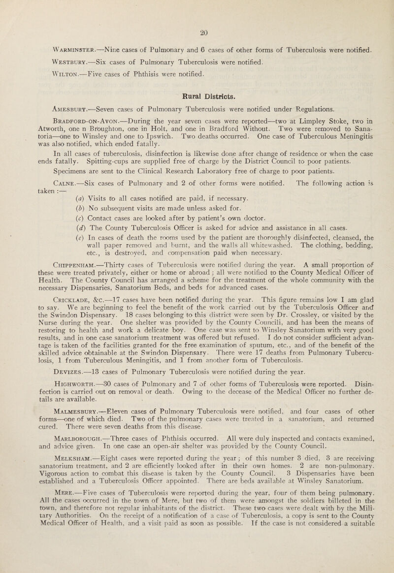 Warminster.—Nine cases of Pulmonary and 6 cases of other forms of Tuberculosis were notified. Westbury.—Six cases of Pulmonary Tuberculosis were notified. Wilton.—Five cases of Phthisis were notified. Rural Districts, Amesbury.—Seven cases of Pulmonary Tuberculosis were notified under Emulations. Bradford-on-Avon.—During the year seven cases were reported—two at Limpley Stoke, two in Atworth, one n Broughton, one in Holt, and one in Bradford Without. Two were removed to Sana¬ toria—one to Winsley and one to Ipswich. Two deaths occurred. One case of Tuberculous Meningitis was also notified, which ended fatally. In all cases of tuberculosis, disinfection is likewise done after change of residence or when the case ends fatally. Spitting-cups are supplied free of charge by the District Council to poor patients. Specimens are sent to the Clinical Research Laboratory free of charge to poor patients. Calne.—Six cases of Pulmonary and 2 of other' forms were notified. The following action is taken :— (a) Visits to all cases notified are paid, if necessary. (b) No subsequent visits are made unless asked for. (c) Contact cases are looked after by patient’s own doctor. (d) The County Tuberculosis Officer is asked for advice and assistance in all cases. (e) In cases of death the rooms used by the patient are thoroughly disinfected, cleansed, the wall paper removed and burnt, and the walls all whitewashed. The clothing, bedding, etc., is destroyed, and compensation paid when necessary. Chippenham.—Thirty cases of Tuberculosis were notified during the year. A small proportion of these were treated privately, either or home or abroad; all were notified to the Cbunty Medical Officer of Health. The County Council has arranged a scheme for the treatment of the whole community with the necessary Dispensaries, Sanatorium Beds, and beds for advanced cases. Cricklade, &c.—17 cases have been notified during the year. This figure remains low I am glad to say. We are beginning to feel the benefit of the work carried out by the Tuberculosis Officer and the Swindon Dispensary. 18 cases belonging to this district were seen by Dr. Crossley, or visited by the Nurse during the year. One shelter was provided by the County Councili, and has been the means of restoring to health and work a delicate boy. One case was sent to Winsley Sanatorium with very good results, and in 'one case sanatorium treatment was offered but refused. I do not consider sufficient advan¬ tage is taken of the facilities granted for the free examination of sputum, etc., and of the benefit of the skilled advice obtainable at the Swindon Dispensary. There were 17 deaths from Pulmonary Tubercu¬ losis, 1 from Tuberculous Meningitis, and 1 from another form of Tuberculosis. Devizes.—13 cases of Pulmonary Tuberculosis were notified during the year. Highworth.—30 cases of Pulmonary and 7 of other forms of Tuberculosis were reported. Disin¬ fection is carried out on removal or death. Owing to the decease of the Medical Officer no further de¬ tails are available. Malmesbury.—Eleven cases of Pulmonary Tuberculosis were notified, and four cases of other forms—one of which died. Two of the pulmonary cases were treated in a sanatorium, and returned cured. There were seven deaths from this disease. Marlborough.—Three cases of Phthisis occurred. All were duly inspected and contacts examined, and advice given. In one case an open-air shelter was provided by the County Council. Melksham.—Eight cases were reported during the year; of this number 3 died, 3 are receiving sanatorium treatment, and 2 are efficiently looked after in their own homes. 2 are non-pulmonary. Vigorous action to combat this disease is taken by the County Council. 3 Dispensaries have been established and a Tuberculosis Officer appointed. There are beds available at Winsley Sanatorium. Mere.—Five cases of Tuberculosis were reported during the year, four of them being pulmonary. All the cases occurred in the town of Mere, but two of them were amongst the soldiers billeted in the town, and therefore not regular inhabitants of the district. These two cases were dealt with by the Mili¬ tary Authorities. On the receipt of a notification of a case of Tuberculosis, a copy is sent to the County Medical Officer of Health, and a visit paid as soon as possible. If the case is not considered a suitable