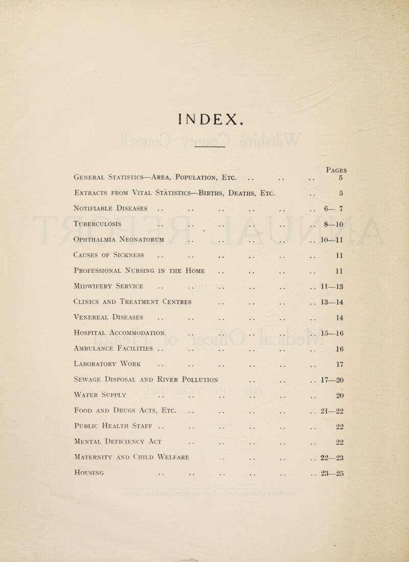 INDEX Pages General Statistics—Area, Population, Etc. .. .. .. 5 Extracts from Vital Statistics—Births, Deaths, Etc. .. 5 Notifiable Diseases .. .. .. .. .. .. 6— 7 Tuberculosis .. .. .. .. .. .. 8—10 / Ophthalmia Neonatorum .. .. .. .. .. 10—11 Causes of Sickness ,. .. .. ,. .. .. ll Professional Nursing in the Home .. .. .. .. 11 Midwifery Service .. .. .. .. .. .. 11—13 Clinics and Treatment Centres .. .. .. .. 13—14 Venereal Diseases .. .. .. .. .. .. 14 Hospital Accommodation .. .. .. .. .. 15—16 Ambulance Facilities .. .. .. .. .. .. 16 Laboratory Work .. .. .. .. .. .. 17 Sewage Disposal and River Pollution .. .. .. 17—20 Water Supply .. .. .. .. .. .. 20 Food and Drugs Acts, Etc. .. .. .. .. .. 21—22 Public Health Staff .. .. .. .. .. .. 22 Mental Deficiency Act .. .. .. .. .. 22 Maternity and Child Welfare ... .. .. .. 22—23 Housing .. .. .. .. .. .. 23—25