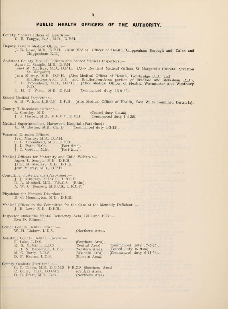 PUBLIC HEALTH OFFICERS OF THE AUTHORITY. County Medical Officer of Health :— C. E. Tangye, B.A., M.D., D.P.H. Deputy County Medical Officer :— J. B. Lowe, M.B., D.P.H. (Also Medical Officer of Health, Chippenham Borough and Caine and Chippenham R.D.). Assistant County Medical Officers and School Medical Inspectors ;— Agnes L. Semple, M.B., D.P.H. Janet M. MacKay, M.B., D.P.H. (Also Resident Medical Officer, St. Margaret’s Hospital, Stratton St. Margaret). Jean Murray, M.B., D.P.H. (Also Medical Officer of Health, Trowbridge U.D., and Bradford-on-Avon U.D., and Bradford-on-Avon portion of Bradford and Melksham R.D.). C. L. Broomhead, M.D., D.P.H. (Also Medical Officer of Health, Warminster and Westburv R.D.) ^ C. H. T. Wade, M.B., D.P.H. (Commenced duty 15-9-35). School Medical Inspector :— A. H. Wilson, L.R.C.P., D.P.H. (Also Medical Officer of Health, East Wilts Combined Districts). County Tuberculosis Officer —• L. Crossley, M.D. (Ceased duty 6-4-35). J. S. Harper, M.B., IM.R.C.P., D.P.H. (Commenced duty 1-4-35). Medical Superintendent, Harnwood Hospital (Part-time) ;— H. M. Boston, M.B., Ch. B. (Commenced duty 1-3-35). Venereal Diseases Officers :— Jean Murray, M.B., D.P.H. C. L. Broomhead, M.D., D.P.H. J. L. Potts, B.Ch. (Part-time). J. C. Gordon, M.B. (Part-time). Medical Officers for Maternity and Child Welfare :— Agnes L. Semple, M.B., D.P.H. Janet M. MacKay, M.B., D.P.H. Jean Murray, M.B., D.P.H. Consulting Obstetricians (Part-time) :— J. J. Armitage, M.R.C.S., L.R.C.P. D. A. Mitchell, M.D., F.R.C.S. (Edin.). A. W. C. Bennett, M.R.C.S., L.R.C.P. Physician for Nervous Disorders :— R. C. Monnington, M.D., D.P.H. i Medical Officer to the Committee for the Care of the Mentally Deficient:— J. B. Lowe, M.B., D.P.H. Inspector under the Mental Deficiency Acts, 1913 and 1927 :— Eva D. Edmund. j Senior County Dental Officer :— j W. H. Liebow, L.D.S. I ; Assistant County Dental Officers ;— I F. Lake, L.D.S. ; R. S. McMinn, L.D.S. ' J. H. N. Macdonald, L.D.S. M. G. Berry, L.D.S. ; D. P. Kearns, L.D.S. i County Oculists (Part-time) ; — ' G. C. Dixon, M.B., D.O.M.S., F.R.C.S. (Southern Area) R. Colley, M.B., D.O.M.S. (Central Area). O. B. Pratt, M.B., D.O. (Northern Area) (Northern Area). (Southern Area). (Central Area). (Commenced duty 17-6-35). (Western Area). (Ceased duty 27-9-35). (Western Area). (Commenced duty 6-11-35). (Eastern Area).