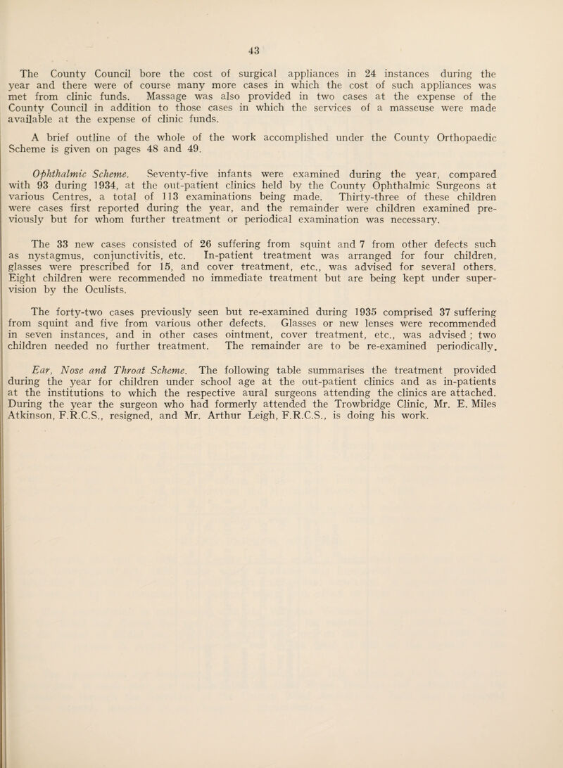 The County Council bore the cost of surgical appliances in 24 instances during the year and there were of course many more cases in which the cost of such appliances was met from clinic funds. Massage was also provided in two cases at the expense of the County Council in addition to those cases in which the services of a masseuse were made available at the expense of clinic funds. A brief outline of the whole of the work accomplished under the County Orthopaedic Scheme is given on pages 48 and 49. Ophthalmic Scheme. Seventy-five infants were examined during the year, compared with 93 during 1934, at the out-patient clinics held by the County Ophthalmic Surgeons at various Centres, a total of 113 examinations being made. Thirty-three of these children were cases first reported during the year, and the remainder were children examined pre¬ viously but for whom further treatment or periodical examination was necessary. The 33 new cases consisted of 26 suffering from squint and 7 from other defects such as nystagmus, conjunctivitis, etc. In-patient treatment was arranged for four children, glasses were prescribed for 15, and cover treatment, etc., was advised for several others. Eight children were recommended no immediate treatment but are being kept under super¬ vision by the Oculists. The forty-two cases previously seen but re-examined during 1935 comprised 37 suffering from squint and five from various other defects. Glasses or new lenses were recommended in seven instances, and in other cases ointment, cover treatment, etc., was advised ; two children needed no further treatment. The remainder are to be re-examined periodically. Ear, Nose and Throat Scheme. The following table summarises the treatment provided during the year for children under school age at the out-patient clinics and as in-patients i at the institutions to which the respective aural surgeons attending the clinics are attached. During the year the surgeon who had formerly attended the Trowbridge Clinic, Mr. E, Miles Atkinson, F.R.C.S., resigned, and Mr. Arthur Leigh, F.R.C.S., is doing his work.