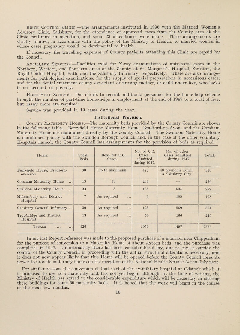 Birth Control Clinic.—The arrangements instituted in 1936 with the Married Women’s Advisory Clinic, Salisbury, for the attendance of approved cases from the County area at the Clinic continued in operation, and some 23 attendances were made. These arrangements are strictly limited, in accordance with the policy of the Ministry of Health, to married women in whose cases pregnancy would be detrimental to health. If necessary the travelling expenses of County patients attending this Clinic are repaid by the Council. Ancillary Services.—Facilities exist for X-ray examinations of ante-natal cases in the Northern, Western, and Southern areas of the County at St. Margaret’s Hospital, Stratton, the Royal United Hospital, Bath, and the Salisbury Infirmary, respectively. There are also arrange¬ ments for pathological examinations, for the supply of special preparations in necessitous cases, and for the dental treatment of any expectant or nursing mother, or child under five, who lacks it on account of poverty. Home-Help Scheme.—Our efforts to recruit additional personnel for the home-help scheme brought the number of part-time home-helps in employment at the end of 1947 to a total of five, but many more are required. Service was provided in 19 cases during the year. Institutional Provision. County Maternity Homes.—The maternity beds provided by the County Council are showm in the following table. Berryfield House Maternity Home, Bradford-on-Avon, and the Corsham Maternity Home are maintained directly by the County Council. The Swindon Maternity Home is maintained jointly with the Swindon Borough Council and, in the case of the other voluntary Hospitals named, the County Council has arrangements for the provision of beds as required. Home. Total Beds. Beds for C.C. Cases. No. of C.C. Cases admitted during 1947. No. of other Cases admitted during 1947. Total. Berryfield House, Bradford- on-Avon 30 Up to maximum 477 40 Swindon Town 13 Salisbury City 530 Corsham Maternity Home 13 13 236 — 236 Swindon Maternity Home 33 5 168 604 772 Malmesbury and District Hospital 7 As required 3 105 108 Salisbury General Infirmary ... 30 As required 125 569 694 Trowbridge and District Hospital 13 As required 50 166 216 Totals . 126 1059 1497 2556 In my last Report reference was made to the proposed purchase of a mansion near Chippenham for the purpose of conversion to a Maternity Home of about sixteen beds, and the purchase was completed in 1947. Unfortunately there has been considerable delay, due to causes outside the control of the County Council, in proceeding with the actual structural alterations necessary, and it does not now appear likely that this Home will be opened before the County Council loses its power to provide maternity homes on the inception of the National Health Service Act in July next. For similar reasons the conversion of that part of the ex-military hospital at Odstock which it is proposed to use as a maternity unit has not yet begun although, at the time of writing, the Ministry of Health has agreed to the considerable expenditure which will be necessary in altering these buildings for some 60 maternity beds. It is hoped that the work will begin in the course of the next few months.