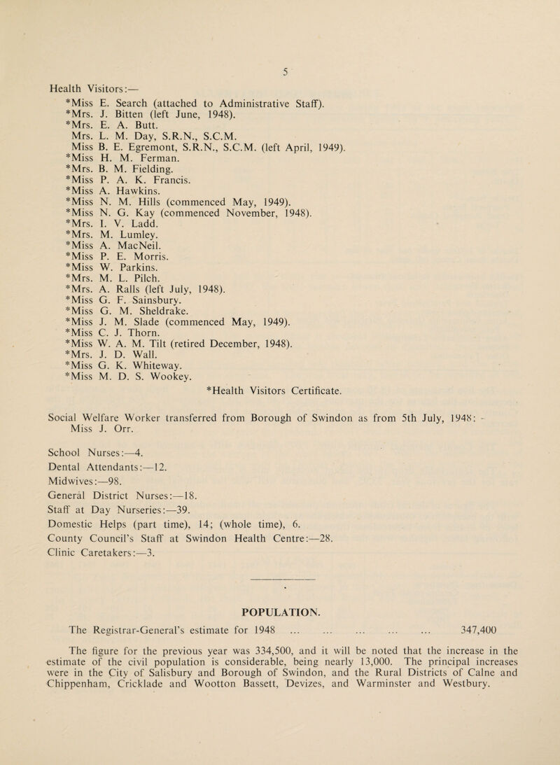 Health Visitors:— *Miss E. Search (attached to Administrative Staff). *Mrs. J. Bitten (left June, 1948). *Mrs. E. A. Butt. Mrs. L. M. Day, S.R.N., S.C.M. Miss B. E. Egremont, S.R.N., S.C.M. (left April, 1949). *Miss H. M. Ferman. *Mrs. B. M. Fielding. *Miss P. A. K. Francis. *Miss A. Hawkins. *Miss N. M. Hills (commenced May, 1949). *Miss N. G. Kay (commenced November, 1948). *Mrs. I. V. Ladd. *Mrs. M. Lumley. *Miss A. MacNeil. *Miss P. E. Morris. *Miss W. Parkins. *Mrs. M. L. Pilch. *Mrs. A. Ralls (left July, 1948). *Miss G. F. Sainsbury. *Miss G. M. Sheldrake. *Miss J. M. Slade (commenced May, 1949). *Miss C. J. Thorn. *Miss W. A. M. Tilt (retired December, 1948). *Mrs. J. D. Wall. *Miss G. K. Whiteway. *Miss M. D. S. Wookey. *Health Visitors Certificate. Social Welfare Worker transferred from Borough of Swindon as from 5th July, 1948: - Miss J. Orr. School Nurses:—4, Dental Attendants:—12. Midwives:—98. General District Nurses:—18. Staff at Day Nurseries:—39. Domestic Helps (part time), 14; (whole time), 6. County Council’s Staff at Swindon Health Centre:—28. Clinic Caretakers:—3. POPULATION. The Registrar-General’s estimate for 1948 ... ... ... ... ... 347,400 The figure for the previous year was 334,500, and it will be noted that the increase in the estimate of the civil population is considerable, being nearly 13,000. The principal increases were in the City of Salisbury and Borough of Swindon, and the Rural Districts of Caine and Chippenham, Cricklade and Wootton Bassett, Devizes, and Warminster and Westbury.