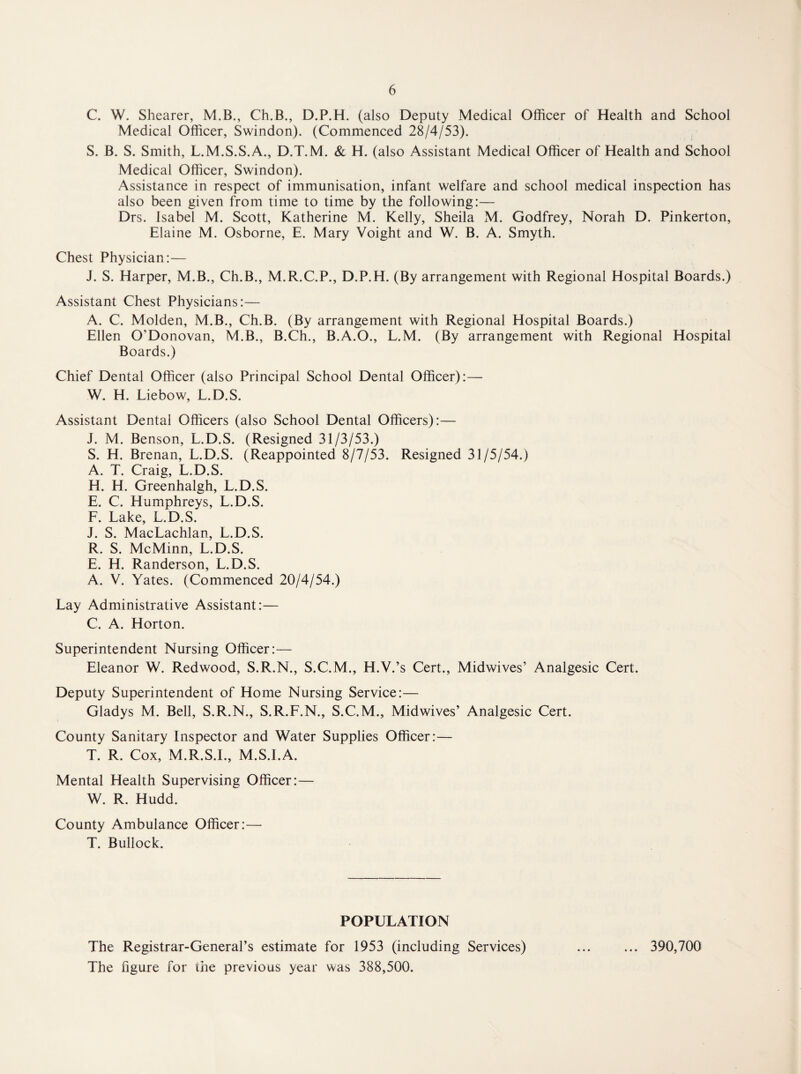 C. W. Shearer, M.B., Ch.B., D.P.H. (also Deputy Medical Officer of Health and School Medical Officer, Swindon). (Commenced 28/4/53). S. B. S. Smith, L.M.S.S.A., D.T.M. & H. (also Assistant Medical Officer of Health and School Medical Officer, Swindon). Assistance in respect of immunisation, infant welfare and school medical inspection has also been given from time to time by the following:— Drs. Isabel M. Scott, Katherine M. Kelly, Sheila M. Godfrey, Norah D. Pinkerton, Elaine M. Osborne, E. Mary Voight and W. B. A. Smyth. Chest Physician:— J. S. Harper, M.B., Ch.B., M.R.C.P., D.P.H. (By arrangement with Regional Hospital Boards.) Assistant Chest Physicians:— A. C. Molden, M.B., Ch.B. (By arrangement with Regional Hospital Boards.) Ellen O’Donovan, M.B., B.Ch., B.A.O., L.M. (By arrangement with Regional Hospital Boards.) Chief Dental Officer (also Principal School Dental Officer):— W. H. Liebow, L.D.S. Assistant Dental Officers (also School Dental Officers):— J. M. Benson, L.D.S. (Resigned 31/3/53.) S. H. Brenan, L.D.S. (Reappointed 8/7/53. Resigned 31/5/54.) A. T. Craig, L.D.S. H. H. Greenhalgh, L.D.S. E. C. Humphreys, L.D.S. F. Lake, L.D.S. J. S. MacLachlan, L.D.S. R. S. McMinn, L.D.S. E. H. Randerson, L.D.S. A. V. Yates. (Commenced 20/4/54.) Lay Administrative Assistant:— C. A. Horton. Superintendent Nursing Officer:— Eleanor W. Redwood, S.R.N., S.C.M., H.V.’s Cert., Midwives’ Analgesic Cert. Deputy Superintendent of Home Nursing Service:— Gladys M. Bell, S.R.N., S.R.F.N., S.C.M., Midwives’ Analgesic Cert. County Sanitary Inspector and Water Supplies Officer:— T. R. Cox, M.R.S.I., M.S.I.A. Mental Health Supervising Officer:— W. R. Hudd. County Ambulance Officer:— T. Bullock. POPULATION The Registrar-General’s estimate for 1953 (including Services) The figure for the previous year was 388,500. 390,700