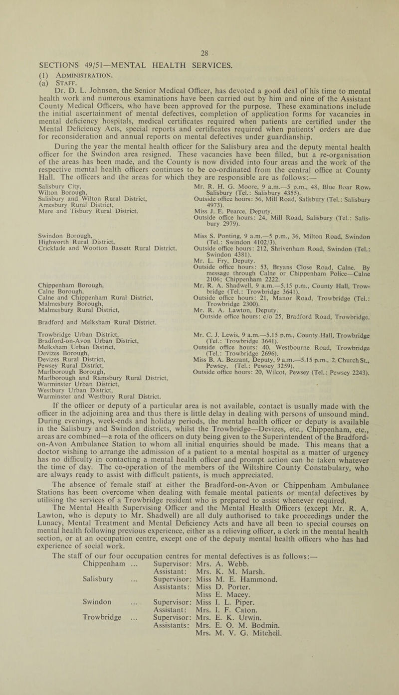 SECTIONS 49/51—MENTAL HEALTH SERVICES. (1) Administration. (a) Staff. Dr. D. L. Johnson, the Senior Medical Officer, has devoted a good deal of his time to mental health work and numerous examinations have been carried out by him and nine of the Assistant County Medical Officers, who have been approved for the purpose. These examinations include the initial ascertainment of mental defectives, completion of application forms for vacancies in mental deficiency hospitals, medical certificates required when patients are certified under the Mental Deficiency Acts, special reports and certificates required when patients’ orders are due for reconsideration and annual reports on mental defectives under guardianship. During the year the mental health officer for the Salisbury area and the deputy mental health officer for the Swindon area resigned. These vacancies have been filled, but a re-organisation of the areas has been made, and the County is now divided into four areas and the work of the respective mental health officers continues to be co-ordinated from the central office at County Hall. The officers and the areas for which they are responsible are as follows:— Salisbury City, Mr. R. H. G. Moore, 9 a.m.—5 p.m., 48, Blue Boar Row, Wilton Borough, Salisbury (Tel.: Salisbury 4355). Salisbury and Wilton Rural District, Outside office hours: 56, Mill Road, Salisbury (Tel.: Salisbury Amesbury Rural District, 4973). Mere and Tisbury Rural District. Miss J. E. Pearce, Deputy. Outside office hours: 24, Mill Road, Salisbury (Tel.: Salis¬ bury 2979). Swindon Borough, Highworth Rural District, Cricklade and Wootton Bassett Rural District. Chippenham Borough, Caine Borough, Caine and Chippenham Rural District, Malmesbury Borough, Malmesbury Rural District, Bradford and Melksham Rural District. Miss S. Pontirig, 9 a.m.—5 p.m., 36, Milton Road, Swindon (Tel.: Swindon 4102/3). Outside office hours: 212, Shrivenham Road, Swindon (Tel.: Swindon 4381). Mr. L. Fry, Deputy. Outside office hours: 53, Bryans Close Road, Caine. By message through Caine or Chippenham Police—Caine 2106; Chippenham 2222. Mr. R. A. Shadwell, 9 a.m.—5.15 p.m., County Hall, Trow¬ bridge (Tel.: Trowbridge 3641). Outside office hours: 21, Manor Road, Trowbridge (Tel.: Trowbridge 2300). Mr. R. A. Lawton, Deputy. Outside office hours: c/o 25, Bradford Road, Trowbridge. Trowbridge Urban District, Bradford-on-Avon Urban District, Melksham Urban District, Devizes Borough, Devizes Rural District, Pewsey Rural District, Marlborough Borough, Marlborough and Ramsbury Rural District, Warminster Urban District, Westbury Urban District, Warminster and Westbury Rural District. Mr. C. J. Lewis, 9 a.m.—5.15 p.m., County Hall, Trowbridge (Tel.: Trowbridge 3641). Outside office hours: 40, Westbourne Road, Trowbridge (Tel.: Trowbridge 2696). Miss B. A. Bezzant, Deputy, 9 a.m.—5.15 p.m., 2, Church St., Pewsey. (Tel.: Pewsey 3259). Outside office hours: 20, Wilcot, Pewsey (Tel.: Pewsey 2243). If the officer or deputy of a particular area is not available, contact is usually made with the officer in the adjoining area and thus there is little delay in dealing with persons of unsound mind. During evenings, week-ends and holiday periods, the mental health officer or deputy is available in the Salisbury and Swindon districts, whilst the Trowbridge—Devizes, etc., Chippenham, etc., areas are combined—a rota of the officers on duty being given to the Superintendent of the Bradford- on-Avon Ambulance Station to whom all initial enquiries should be made. This means that a doctor wishing to arrange the admission of a patient to a mental hospital as a matter of urgency has no difficulty in contacting a mental health officer and prompt action can be taken whatever the time of day. The co-operation of the members of the Wiltshire County Constabulary, who are always ready to assist with difficult patients, is much appreciated. The absence of female staff at either the Bradford-on-Avon or Chippenham Ambulance Stations has been overcome when dealing with female mental patients or mental defectives by utilising the services of a Trowbridge resident who is prepared to assist whenever required. The Mental Health Supervising Officer and the Mental Health Officers (except Mr. R. A. Lawton, who is deputy to Mr. Shadwell) are all duly authorised to take proceedings under the Lunacy, Mental Treatment and Mental Deficiency Acts and have all been to special courses on mental health following previous experience, either as a relieving officer, a clerk in the mental health section, or at an occupation centre, except one of the deputy mental health officers who has had experience of social work. The staff of our four occupation centres for mental defectives is as follows:— Chippenham ... Supervisor: Mrs. A. Webb. Assistant: Mrs. K. M. Marsh. Salisbury Supervisor: Miss M. E. Hammond. Assistants: Miss D. Porter. Miss E. Macey. Swindon Supervisor: Miss I. L. Piper. Assistant: Mrs. I. F. Caton. Trowbridge Supervisor: Mrs. E. K. Urwin. Assistants: Mrs. E. O. M. Bodmin. Mrs. M. V. G. Mitchell.