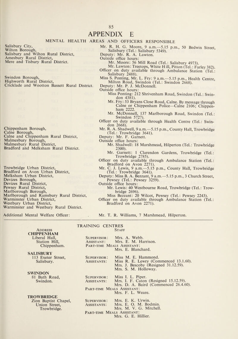 APPENDIX E MENTAL HEALTH AREAS AND OFFICERS RESPONSIBLE Salisbury City, Wilton Borough, Salisbury and Wilton Rural District, Amesbury Rural District, Mere and Tisbury Rural District. Swindon Borough, Highworth Rural District, Cricklade and Wootton Bassett Rural District. Chippenham Borough, Caine Borough, Caine and Chippenham Rural District, Malmesbury Borough, Malmesbury Rural District, Bradford and Melksham Rural District. Trowbridge Urban District, Bradford on Avon Urban District, Melksham Urban District, Devizes Borough, Devizes Rural District, Pewsey Rural District, Marlborough Borough, Marlborough and Ramsbury Rural District, Warminster Urban District, Westbury Urban District, Warminster and Westbury Rural District. Mr. R. H. G. Moore, 9 a.m.—5.15 p.m., 50 Bedwin Street Salisbury (Tel.: Salisbury 5349). Deputy: Mr. R. A. Lawton. Outside office hours: Mr. Moore: 56 Mill Road (Tel.: Salisbury 4973). Mr. Lawton: Treetops, White Hill, Pitton (Tel.: Farley 382). Officer on duty available through Ambulance Station (Tel.: Salisbury 2488). Miss S. Ponting, Mr. L. Fry: 9 a.m.—5.15 p.m., Health Centre, Milton Road, Swindon (Tel.: Swindon 2668). Deputy: Mr. P. J. McDonnell. Outside office hours: Miss Ponting: 212 Shrivenham Road, Swindon (Tel.: Swin¬ don 4381). Mr. Fry: 53 Bryans Close Road, Caine. By message through Caine or Chippenham Police—Caine 2106: Chippen¬ ham 2222. Mr. McDonnell, 137 Marlborough Road, Swindon (Tel.: Swindon 5727). Officer on duty available through Health Centre (Tel.: Swin¬ don 2668). Mr. R. A. Shadwell, 9 a.m.—5.15 p.m., County Hall, Trowbridge (Tel.: Trowbridge 3641). Deputy: Mr. F. Garnett. Outside office hours: Mr. Shadwell: 18 Marshmead, Hilperton (Tel.: Trowbridge 2300). Mr. Garnett: 1 Clarendon Gardens, Trowbridge (Tel.: Trowbridge 2785). Officer on duty available through Ambulance Station (Tel.: Bradford on Avon 2271). Mr. C. J. Lewis, 9 a.m.—5.15 p.m., County Hall, Trowbridge (Tel.: Trowbridge 3641). Deputy: Miss B. A. Bezzant, 9 a.m.—5.15 p.m., 3 Church Street, Pewsey (Tel.: Pewsey 3259). Outside office hours: Mr. Lewis: 40 Westbourne Road, Trowbridge (Tel.: Trow¬ bridge 2696). Miss Bezzant: 20 Wilcot, Pewsey (Tel.: Pewsey 2243). Officer on duty available through Ambulance Station (Tel.: Bradford on Avon 2271). Additional Mental Welfare Officer: , Mr. T. R. Williams, 7 Marshmead, Hilperton. Address CHIPPENHAM Liberal Hall, Station Hill, Chippenham. SALISBURY 113 Exeter Street, Salisbury. SWINDON 81 Bath Road, Swindon. TROWBRIDGE Zion Baptist Chapel, Union Street, Trowbridge. TRAINING CENTRES Staff Supervisor: Mrs. A. Webb. Assistant: Mrs. E. M. Harrison. Part-time Meals Assistant: Mrs. E. Blanchard. Supervisor: Miss M. E. Hammond. Assistants: Miss R. E. Lewry (Commenced 13.1.60). Mrs. J. Bescoby (Resigned 31.12.59). Mrs. S. M. Holloway. Supervisor: Miss I. L. Piper. Assistants: Mrs. I. F. Caton (Resigned 15.12.59). Mrs. D. A. Baird (Commenced 26.4.60). Part-time Meals Assistant: Mrs. F. L. Weare. Supervisor: Mrs. E. K. Urwin. Assistants: Mrs. E. O. M. Bodmin. Mrs. M. V. G. Mitchell. Part-time Meals Assistant: Mrs. G. E. Hillier.