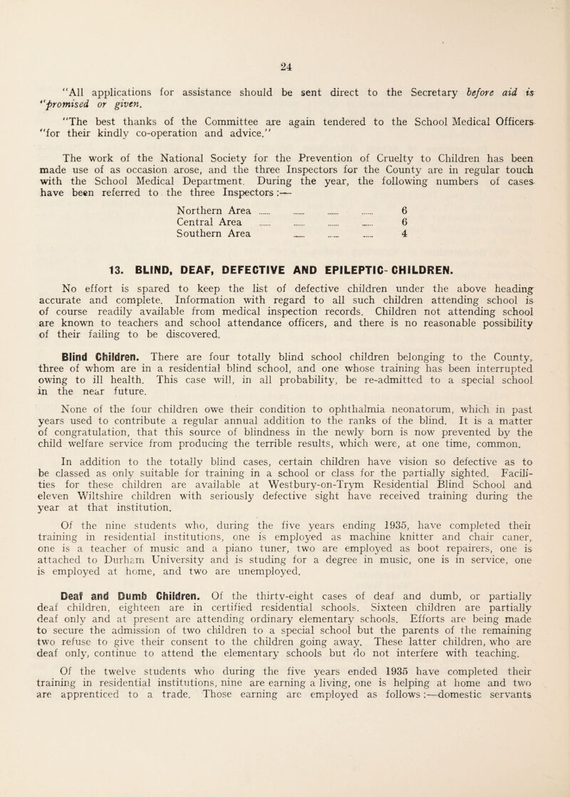 All applications for assistance should be sent direct to the Secretary before aid is 4<promised or given. The best thanks of the Committee are again tendered to the School Medical Officers for their kindly co-operation and advice. The work of the National Society for the Prevention of Cruelty to Children has been made use of as occasion arose, and the three Inspectors for the County are in regular touch with the School Medical Department. During the year, the following numbers of cases have been referred to the three Inspectors:— Northern Area . 6 Central Area . 6 Southern Area „.. . 4 13. BLIND, DEAF, DEFECTIVE AND EPILEPTIC-CHILDREN. No effort is spared to keep the list of defective children under the above heading accurate and complete. Information with regard to all such children attending school is of course readily available from medical inspection records. Children not attending school are known to teachers and school attendance officers, and there is no reasonable possibility of their failing to be discovered. Blind Cflildren. There are four totally blind school children belonging to the County,, three of whom are in a residential blind school, and one whose training has been interrupted owing to ill health. This case will, in all probability, be re-admitted to a special school in the near future. None of the four children owe their condition to ophthalmia neonatorum, which in past years used to contribute a regular annual addition to the ranks of the blind. It is a matter of congratulation, that this source of blindness in the newly born is now prevented by the child welfare service from producing the terrible results, which were, at one time, common. In addition to the totally blind cases, certain children have vision so defective as to be classed as only suitable for training in a school or class for the partially sighted. Facili¬ ties for these children are available at Westbury-on-Trym Residential Blind School and eleven Wiltshire children with seriously defective sight have received training during the year at that institution. Of the nine students who, during the five years ending 1935, have completed theii training in residential institutions, one is employed as machine knitter and chair caner, one is a teacher of music and a piano tuner, two are employed as boot repairers, one is attached to Durham University and is studing for a degree in music, one is in service, one is employed at home, and two are unemployed. Deaf and Dumb Children. Of the thirtv-eight cases of deaf and dumb, or partially deaf children, eighteen are in certified residential schools. Sixteen children are partially deaf only and at present are attending ordinary elementary schools. Efforts are being made to secure the admission of two children to a special school but the parents of the remaining two refuse to give their consent to the children going away. These latter children, who are deaf only, continue to attend the elementary schools but do not interfere with teaching. Of the twelve students who during the five years ended 1935 have completed their training in residential institutions, nine are earning a living, one is helping at home and two are apprenticed to a trade. Those earning are employed as follows :—domestic servants