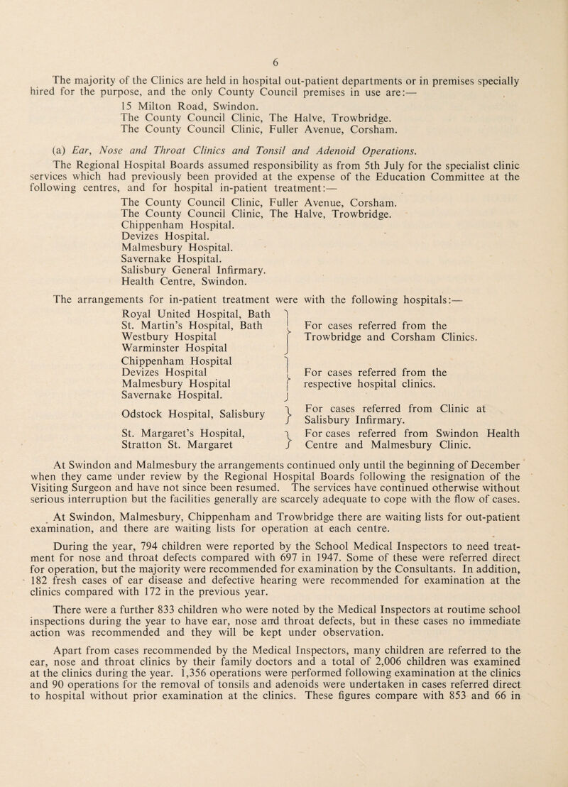 The majority of the Clinics are held in hospital out-patient departments or in premises specially hired for the purpose, and the only County Council premises in use are:— 15 Milton Road, Swindon. The County Council Clinic, The Halve, Trowbridge. The County Council Clinic, Fuller Avenue, Corsham. (a) Ear, Nose and Throat Clinics and Tonsil and Adenoid Operations. The Regional Hospital Boards assumed responsibility as from 5th July for the specialist clinic services which had previously been provided at the expense of the Education Committee at the following centres, and for hospital in-patient treatment:— The County Council Clinic, Fuller Avenue, Corsham. The County Council Clinic, The Halve, Trowbridge. Chippenham Hospital. Devizes Hospital. Malmesbury Hospital. Savernake Hospital. Salisbury General Infirmary. Health Centre, Swindon. The arrangements for in-patient treatment were Royal United Hospital, Bath St. Martin’s Hospital, Bath . Westbury Hospital f Warminster Hospital Chippenham Hospital 1 Devizes Hospital [ Malmesbury Hospital | Savernake Hospital. j Odstock Hospital, Salisbury St. Margaret’s Hospital, \ Stratton St. Margaret / with the following hospitals:— For cases referred from the Trowbridge and Corsham Clinics. For cases referred from the respective hospital clinics. For cases referred from Clinic at Salisbury Infirmary. For cases referred from Swindon Health Centre and Malmesbury Clinic. At Swindon and Malmesbury the arrangements continued only until the beginning of December when they came under review by the Regional Hospital Boards following the resignation of the Visiting Surgeon and have not since been resumed. The services have continued otherwise without serious interruption but the facilities generally are scarcely adequate to cope with the flow of cases. At Swindon, Malmesbury, Chippenham and Trowbridge there are waiting lists for out-patient examination, and there are waiting lists for operation at each centre. During the year, 794 children were reported by the School Medical Inspectors to need treat¬ ment for nose and throat defects compared with 697 in 1947. Some of these were referred direct for operation, but the majority were recommended for examination by the Consultants. In addition, 182 fresh cases of ear disease and defective hearing were recommended for examination at the clinics compared with 172 in the previous year. There were a further 833 children who were noted by the Medical Inspectors at routime school inspections during the year to have ear, nose and throat defects, but in these cases no immediate action was recommended and they will be kept under observation. Apart from cases recommended by the Medical Inspectors, many children are referred to the ear, nose and throat clinics by their family doctors and a total of 2,006 children was examined at the clinics during the year. 1,356 operations were performed following examination at the clinics and 90 operations for the removal of tonsils and adenoids were undertaken in cases referred direct to hospital without prior examination at the clinics. These figures compare with 853 and 66 in