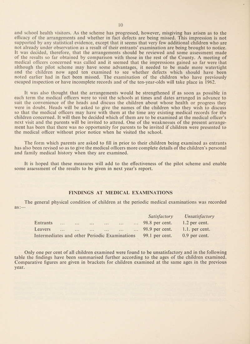 and school health visitors. As the scheme has progressed, however, misgiving has arisen as to the efficacy of the arrangements and whether in fact defects are being missed. This impression is not supported by any statistical evidence, except that it seems that very few additional children who are not already under observation as a result of their entrants’ examination are being brought to notice. It was decided, therefore, that the arrangements should be reviewed and some assessment made of the results so far obtained by comparison with those in the rest of the County. A meeting of medical officers concerned was called and it seemed that the impressions gained so far were that although the pilot scheme may have some advantages, it needed to be made more watertight and the children now aged ten examined to see whether defects which should have been noted earlier had in fact been missed. The examination of the children who have previously escaped inspection or have incomplete records and of the ten-year-olds will take place in 1962. It was also thought that the arrangements would be strengthened if as soon as possible in each term the medical officers were to visit the schools at times and dates arranged in advance to suit the convenience of the heads and discuss the children about whose health or progress they were in doubt. Heads will be asked to give the names of the children who they wish to discuss so that the medical officers may have with them at the time any existing medical records for the children concerned. It will then be decided which of them are to be examined at the medical officer’s next visit and the parents will be invited to attend. One of the weaknesses of the present arrange¬ ment has been that there was no opportunity for parents to be invited if children were presented to the medical officer without prior notice when he visited the school. The form which parents are asked to fill in prior to their children being examined as entrants has also been revised so as to give the medical officers more complete details of the children’s personal and family medical history when they are examined. It is hoped that these measures will add to the effectiveness of the pilot scheme and enable some assessment of the results to be given in next year’s report. FINDINGS AT MEDICAL EXAMINATIONS The general physical condition of children at the periodic medical examinations was recorded as:— Satisfactory Unsatisfactory Entrants 98.8 per cent. 1.2 per cent. Leavers ... ... ... ... ... ... 98.9 per cent. 1.1. per cent. Intermediates and other Periodic Examinations 99.1 per cent. 0.9 per cent. Only one per cent of all children examined were found to be unsatisfactory and in the following table the findings have been summarised further according to the ages of the children examined. Comparative figures are given in brackets for children examined at the same ages in the previous year.