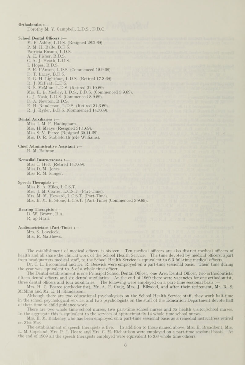 Orthodontist :— Dorothy M. Y. Campbell, L.D.S., D.D.O. School Dental Officers :— M. F. Ashby, L.D.S. (Resigned 28.2.69). P. M. H. Balfe, B.D.S. Patricia Ensum, L.D.S. A. E. Fisher, B.D.S. C. A. J. Heath, L.D.S. I. Hopes, B.D.S. P. R. FAnson, L.D.S. (Commenced 15.9.69). D. T. Lacey, B.D.S. E. G. H. Lightfoot, L.D.S. (Retired 17.3.69). R. J. Me Feat, L.D.S. R. S. McMinn, L.D.S. (Retired 31.10.69) Mrs. E. B. Medley, L.D.S., B.D.S. (Commenced 3.9.69). C. J. Nash, L.D.S. (Commenced 8.9.69). D. A. Newton, B.D.S. E. FI. Randerson, L.D.S. (Retired 31.3.69). R. J. Ryder, B.D.S. (Commenced 14.7.69). Dental Auxiliaries :— Miss J. M. F. Hadingham. Mrs. H. Meays (Resigned 31.1.69). Miss S. V. Pierce (Resigned 30.11.69). Mrs. D. R. Stableforth (nee Williams). Chief Administrative Assistant :— R. M. Bainton. Remedial Instructresses :— Miss C. Hett (Retired 14.7.69). Miss D. M. Jones. Miss R. M. Slinger. Speech Therapists :— Miss E. A. Miles, L.C.S.T. Mrs. J. M. Coates, L.C.S.T. (Part-Time). Mrs. M. M. Howard, L.C.S.T. (Part-Time). Mrs. E. M. E. Stone, L.C.S.T. (Part-Time) (Commenced 3.9.69). Hearing Therapists :— D. W. Brown, B.A. R. ap Harri. Audiometricians (Part-Time) :— Mrs. S. Lovelock. Mrs. R. Matthews. The establishment of medical officers is sixteen. Ten medical officers are also district medical officers of health and all share the clinical work of the School Health Service. The time devoted by medical officers, apart from headquarters medical staff, to the School Health Service is equivalent to 6.3 full-time medical officers. Dr. C. L. Broomhead and Dr. R. Beswick were employed on a part-time sessional basis. Their time during the year was equivalent to .5 of a whole time officer. The Dental establishment is one Principal School Dental Officer, one Area Dental Officer, two orthodontists, fifteen dental officers and six dental auxiliaries. At the end of 1969 there were vacancies for one orthodontist, three dental officers and four auxiliaries. The following were employed on a part-time sessional basis :— Mrs. H. C. Pearce (orthodontist), Mr. A. F. Craig, Mrs. J. Ellwood, and after their retirement, Mr. R. S. McMinn and Mr. E. H. Randerson. Although there are two educational psychologists on the School Health Service staff, they work half-time in the school psychological service, and two psychologists on the staff of the Education Department devote half of their time to child guidance work. There are two whole time school nurses, two part-time school nurses and 75 health visitor school nurses. In the aggregate this is equivalent to the services of approximately 14 whole time school nurses. Mrs. E. M. Blakeney who has been employed on a part-time sessional basis as a remedial instructress retired on 31st May. The establishment of speech therapists is five. In addition to those named above, Mrs. E. Broadbent, Mrs. L. M. Copeland, Mrs. P. J. Hoare and Mrs. C. M. Richardson were employed on a part-time sessional basis. At the end of 1969 all the speech therapists employed were equivalent to 3.6 whole time officers.