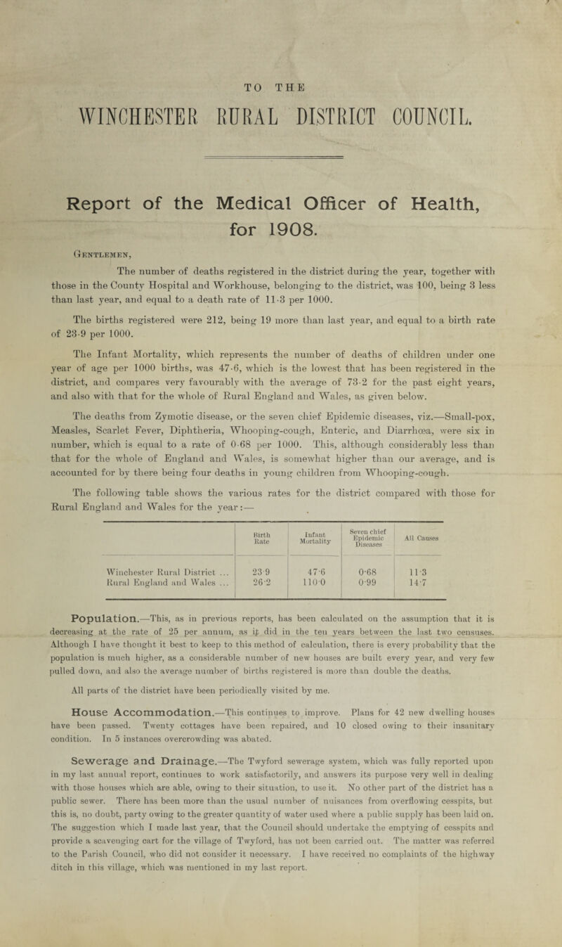 TO THE WINCHESTER RURAL DISTRICT COUNCIL Report of the Medical Officer of Health, for 1908. Gentlemen, The number of deaths registered in the district during the year, together with those in the County Hospital and Workhouse, belonging to the district, was 100, being 3 less than last year, and equal to a death rate of 11-3 per 1000. The births registered were 212, being 19 more than last year, and equal to a birth rate of 23-9 per 1000. The Infant Mortality, which represents the number of deaths of children under one year of age per 1000 births, was 47-6, which is the lowest that has been registered in the district, and compares very favourably with the average of 73-2 for the past eight years, and also with that for the whole of Rural England and Wales, as given below. The deaths from Zymotic disease, or the seven chief Epidemic diseases, viz.—Small-pox, Measles, Scarlet Fever, Diphtheria, Whooping-cough, Enteric, and Diarrhoea, were six in number, which is equal to a rate of 0-68 per 1000. This, although considerably less than that for the whole of England and Wales, is somewhat higher than our average, and is accounted for by there being four deaths in young children from Whooping-cough. The following table shows the various rates for the district compared with those for Rural England and Wales for the year: — Birth Rate Infant Mortality Seven chief Epidemic Diseases All Causes Winchester Rural District ... 23 9 47-6 0-68 113 Rural England and Wales ... 262 1100 0-99 14-7 Population.-—This, as in previous reports, has been calculated on the assumption that it is decreasing at the rate of 25 per annum, as ip did in the ten years between the last two censuses. Although I have thought it best to keep to this method of calculation, there is every probability that the population is much higher, as a considerable number of new houses are built every year, and very few pulled down, and also the average number of births registered is more than double the deaths. All parts of the district have been periodically visited by me. House Accommodation.—This continues to improve. Plans for 42 new dwelling houses have been passed. Twenty cottages have been repaired, and 10 closed owing to their insanitary condition. In 5 instances overcrowding was abated. Sewerage and Drainage.—The Twyford sewerage system, which was fully reported upon in my last annual report, continues to work satisfactorily, and answers its purpose very well in dealing with those houses which are able, owing to their situation, to use it. No other part of the district has a public sewer. There has been more than the usual number of nuisances from overflowing cesspits, but this is, no doubt, party owing to the greater quantity of water used where a public supply has been laid on. The suggestion which I made last year, that the Council should undertake the emptying of cesspits and provide a scavenging cart for the village of Twyford, has not been carried out. The matter was referred to the Parish Council, who did not consider it necessary. I have received no complaints of the highway ditch in this village, which was mentioned in my last report.