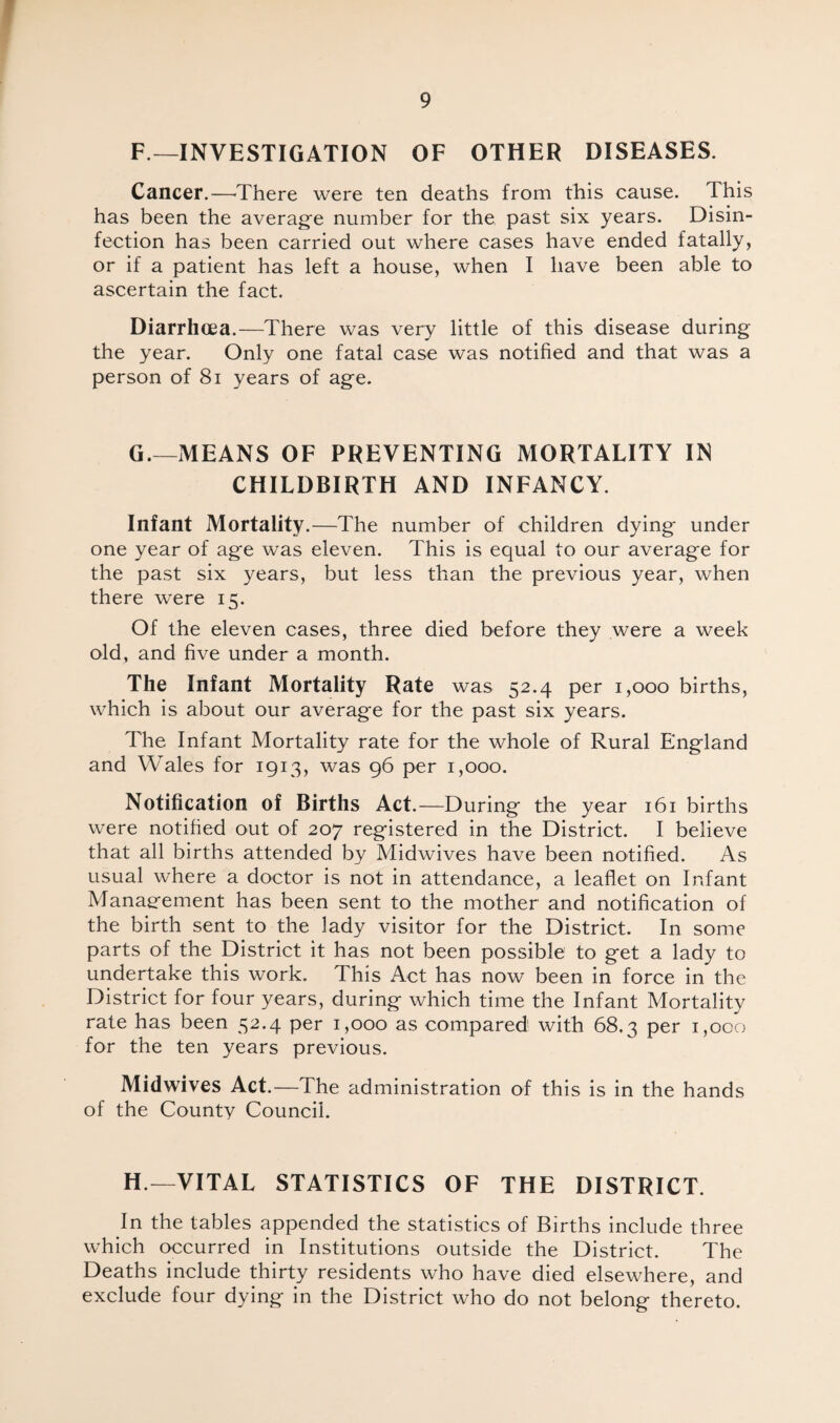 F—INVESTIGATION OF OTHER DISEASES. Cancer.—There were ten deaths from this cause. This has been the average number for the past six years. Disin¬ fection has been carried out where cases have ended fatally, or if a patient has left a house, when I have been able to ascertain the fact. Diarrhoea.—There was very little of this disease during the year. Only one fatal case was notified and that was a person of 81 years of age. G.—MEANS OF PREVENTING MORTALITY IN CHILDBIRTH AND INFANCY. Infant Mortality.—The number of children dying under one year of age was eleven. This is equal to our average for the past six years, but less than the previous year, when there were 15. Of the eleven cases, three died before they were a week old, and five under a month. The Infant Mortality Rate was 52.4 per 1,000 births, which is about our average for the past six years. The Infant Mortality rate for the whole of Rural England and Wales for 1913, was 96 per 1,000. Notification of Births Act.—During the year 161 births were notified out of 207 registered in the District. I believe that all births attended by Midwives have been notified. As usual where a doctor is not in attendance, a leaflet on Infant Management has been sent to the mother and notification of the birth sent to the lady visitor for the District. In some parts of the District it has not been possible to get a lady to undertake this work. This Act has now been in force in the District for four years, during which time the Infant Mortality rate has been 32.4 per 1,000 as compared with 68.3 per 1,000 for the ten years previous. Midwives Act.—The administration of this is in the hands of the County Council. H—VITAL STATISTICS OF THE DISTRICT. In the tables appended the statistics of Births include three which occurred in Institutions outside the District. The Deaths include thirty residents who have died elsewhere, and exclude four dying in the District who do not belong thereto.