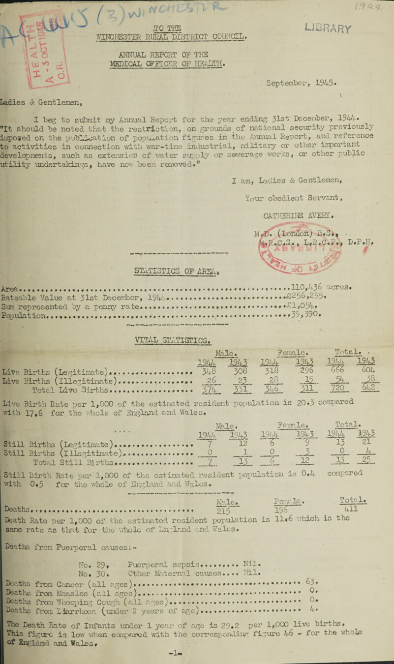 LIBRARY ■TO THE WINCHESTER RURAL DISTRICT COUNCIL. ANNUAL REPORT OP THE MEDICAL OFFICER OP HEALTH. Ladies & Gentlemen, September, 1945• \ I beg to submit my Annual Report for the year ending 31st December, 1941s-• It should be noted that the restriction, on grounds.of national security previously imposed on the iDubLioation of population figures in the Annual Report, and reference to activities in connection with war-time industrial, military or other inportant developments, such as extension of water supply or sewerage works, or other public utility undertakings, have now been removed. I am. Ladies & Gentlemen, Your obedient Servant, Area............ ..110,436 acres. Rateable Value at 31st December, 194.*.£256,2p5* Sum represented by a penny rate... .,01,054. Population. ..• •»...35 #390. VITAL STATISTICS, Male. Female. Total. Live Births (Legitimate)................... 348 Live Births (illegitimate)...... Total Live Births... Total Still Births• •»*••»*-•»»•••»»•• . 1943 548 308 26 23 374., !3i_ resident pope ?s* Male. 1944 1943 7 12 0 1 7 1944 1943 1944 i?4? 318 296 666 604 28 15 54 38 34b ill. 720 '642 .tion is 20.3 compared Female. Total. 1914 1943 1944 1943 “~r ' 9 13 21 0 3 0 4 6 12 13 Still Birth Rate per 1,000 of the estimated resident population is 0.4 with 0.5 for the whole of England and Wales. Male^ 215 Female. compared Total. Deaths ... 215 196 Death Rate per 1,000 of the estimated resident population is 11«6 which is the sane rate as that for the whole of England and Wales. Deaths from Puerperal causes;- All No. 29. Puerperal sepsis......... Nil. No. 30. Other Maternal causes.... Nil. Deaths from Cancer (all ages)»•.... Deaths from Measles (all .ages), Deaths from Whooping Cough (all ages )' 63* 0. 0. 4. Deaths from Laarrhoea funder 2 years of age)..*.. The Death Rate of Infants under 1 year of age is 29.2 per 1,000 live births. This figure is low when compared with the corresponding figure 46 - for the whole of England and Wales. -L