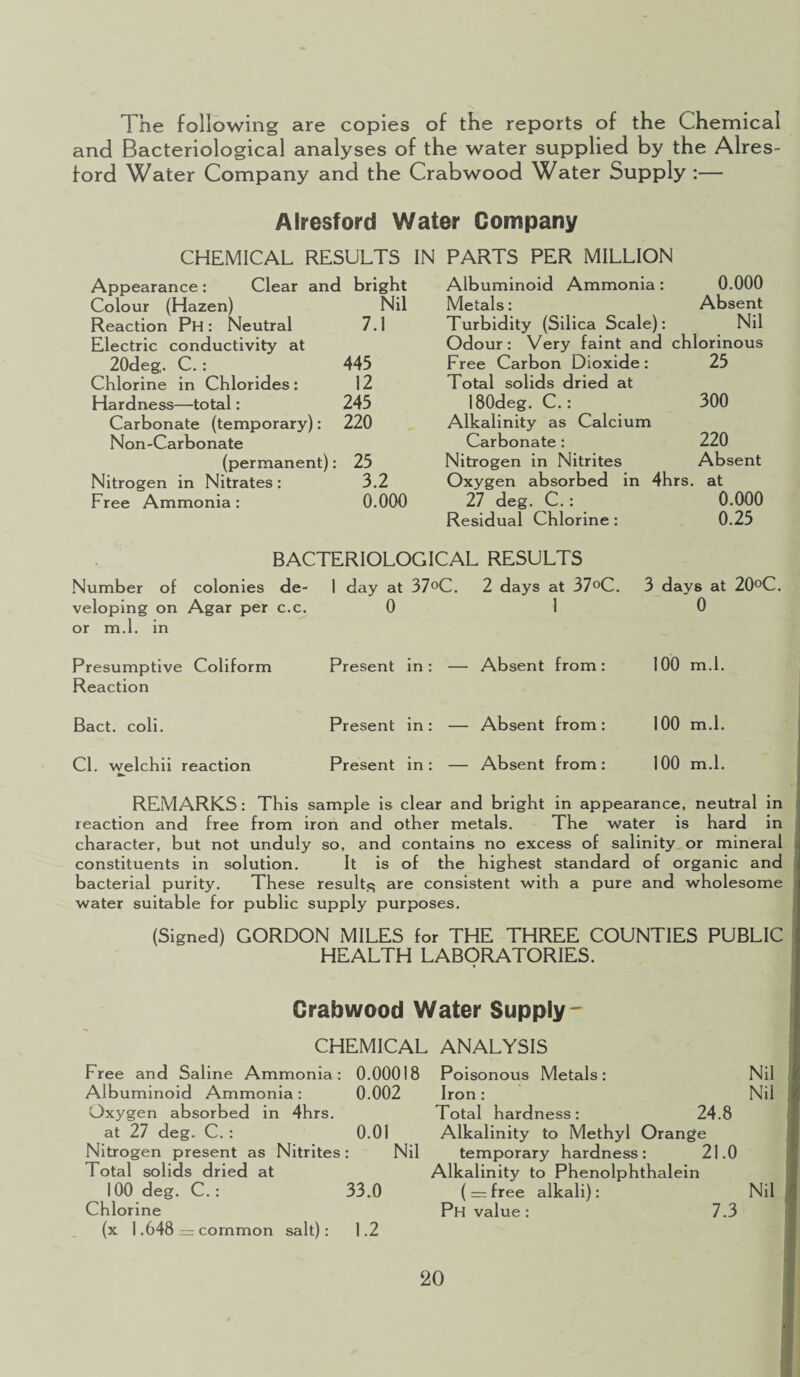 The following are copies of the reports of the Chemical and Bacteriological analyses of the water supplied by the Alres- ford Water Company and the Crabwood Water Supply :— Alresford Water Company CHEMICAL RESULTS IN PARTS PER MILLION Appearance : Clear and bright Albuminoid Ammonia: 0.000 Colour (Hazen) Nil Metals: Absent Reaction Ph : Neutral 7.1 Turbidity (Silica Scale): Nil Electric conductivity at Odour: Very faint and chlorinous 20deg. C.: 445 Free Carbon Dioxide: 25 Chlorine in Chlorides: 12 Total solids dried at Hardness—total: 245 180deg. C.: 300 Carbonate (temporary): 220 Alkalinity as Calcium Non-Carbonate Carbonate : 220 (permanent): 25 Nitrogen in Nitrites Absent Nitrogen in Nitrates: 3.2 Oxygen absorbed in 4hrs. at Free Ammonia: 0.000 27 deg. C. : 0.000 Residual Chlorine: 0.25 BACTERIOLOGICAL RESULTS Number of colonies de- 1 day at 37°C. 2 days at 37°C. veloping on Agar per c.c. 0 1 or m.l. in 3 days at 20°C. 0 Presumptive Coliform Reaction Bact. coli. Cl. welchii reaction Present in: — Absent from: 100 m.l. Present in: — Absent from: 100 m.l. Present in: — Absent from: 100 m.l. REMARKS: This sample is clear and bright in appearance, neutral in reaction and free from iron and other metals. The water is hard in character, but not unduly so, and contains no excess of salinity or mineral constituents in solution. It is of the highest standard of organic and bacterial purity. These result^ are consistent with a pure and wholesome water suitable for public supply purposes. (Signed) GORDON MILES for THE THREE COUNTIES PUBLIC HEALTH LABORATORIES. Crabwood Water Supply - CHEMICAL ANALYSIS Free and Saline Ammonia: 0.00018 Poisonous Metals Albuminoid Ammonia : 0.002 Oxygen absorbed in 4hrs. at 27 deg. C. : 0.01 Nitrogen present as Nitrites : Nil Total solids dried at 100 deg. C.: 33.0 Chlorine (x 1.648 — common salt): 1.2 Iron: Total hardness: 24.8 Alkalinity to Methyl Orange temporary hardness: 21.0 Alkalinity to Phenolphthalein ( = free alkali): Ph value: 7.3 Nil Nil Nil