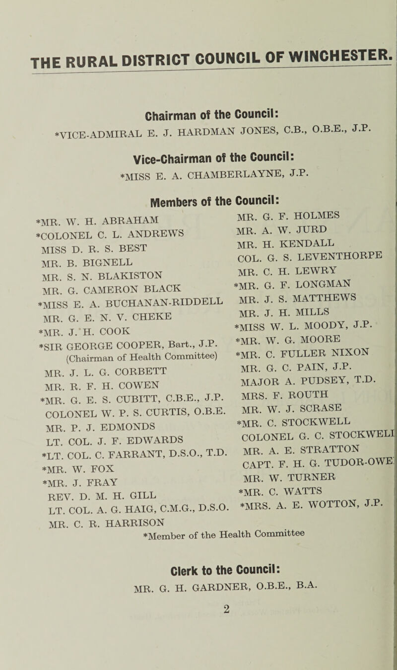 THE RURAL DISTRICT COUNCIL OF WINCHESTER Chairman of the Council: * VICE-ADMIRAL E. J. HARDMAN JONES, C.B., O.B.E., J.P. Vice-Chairman of the Council: ♦MISS E. A. CHAMBERLAYNE, J.P. Members of the Council: *MR. W. H. ABRAHAM ♦COLONEL C. L. ANDREWS MISS D. R. S. BEST MR. B. BIGNELL MR. S. N. BLAKISTON MR. G. CAMERON BLACK ♦MISS E. A. BUCHANAN-RIDDELL MR. G. E. N. V. CHEKE ♦MR. J. H. COOK ♦SIR GEORGE COOPER, Bart., J.P. (Chairman of Health Committee) MR. J. L. G. CORBETT MR. R. F. H. COWEN ♦MR. G. E. S. CUBITT, C.B.E., J.P. COLONEL W. P. S. CURTIS, O.B.E. MR. P. J. EDMONDS LT. COL. J. F. EDWARDS *LT. COL. C. FARRANT, D.S.O., T.D. ♦MR. W. FOX ♦MR. J. FRAY REV. D. M. H. GILL LT. COL. A. G. HAIG, C.M.G., D.S.O. MR. C. R. HARRISON I MR. G. F. HOLMES MR. A. W. JURD MR. H. KENDALL COL. G. S. LEVENTHORPE MR. C. H. LEWRY ♦MR. G. F. LONGMAN MR. J. S. MATTHEWS MR. J. H. MILLS ♦MISS W. L. MOODY, J.P. ♦MR. W. G. MOORE ♦MR. C. FULLER NIXON MR. G. C. PAIN, J.P. MAJOR A. PUDSEY, T.D. MRS. F. ROUTH MR. W. J. SCRASE ♦MR. C. STOCKWELL COLONEL G. C. STOCKWELI MR. A. E. STRATTON CAPT. F. H. G. TUDOR-OWE: MR. W. TURNER ♦MR. C. WATTS ♦MRS. A. E. WOTTON, J.P. ♦Member of the Health Committee Clerk to the Council: MR. G. H. GARDNER, O.B.E., B.A.