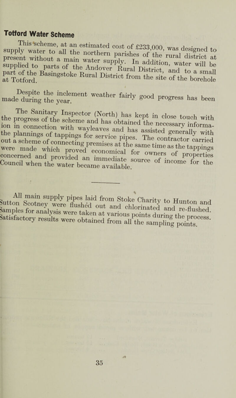 Totford Water Scheme This Scheme, at an estimated enst cS r->-><> non . supply water to all the northernparishes oftie *? b1 afford6 BaSingSt°ke Rura' “ fr0“ ^ of the°borehSe made^during th'e yTar Weather ^ g°°d *>rW has been isiiisssi SS.*,provided »'“£ Council when the water became available. the ifsrrt fsscytfs:s:£^zrztrst'E”,: