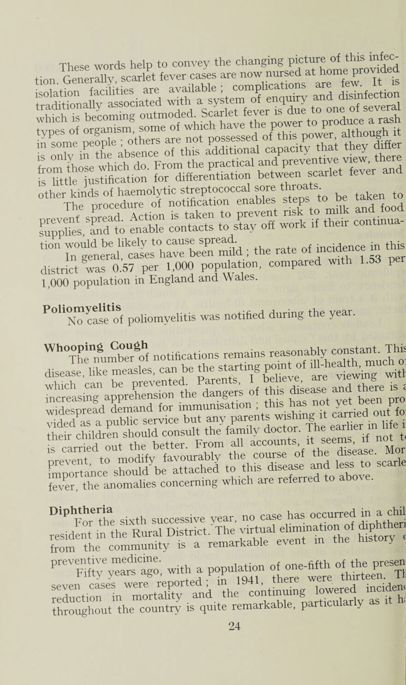 Thf.se words help to convey the changing picture of this infec¬ tion Generally scarlet fever cases are now nursed at home provi traditionally associated with a system oieq y o{ seVeral which is becoming -^ei Scarlet a rash ss&sft as ass sssa's a tion would be likely to cause sPrea • f incidence in this In general, cases have been mild , -.l i -o ^er district was 0.57 per 1,000 population, compared with 1.53 per 1,000 population in England and \\ ales. POUZycase cd poliomyelitis was notified during the year. Wh°ThennumbeUr6ohf notifications remains reasonably constai^ Thn disease, like measles, can be the starting pomt of t°l ^creasing a^rEton* the dangers of this disease a„d there * ; widespread demand for immunisation tlieir^ cWldren'should'consult doctor. fhe earlier mhfe i L earned out the better. From all accoutS’f ^^f^ase Mor fmportlnce0 Zm beached ^ fever, the anomalies concerning which are referred to abo . For the sixth successive year, no case has occurred m a cM resident in the Rural District/The virtual elimination of dgfctben from the community is a remarkable event m the history - j rtss iars throughout the country is quite remarkable, par y