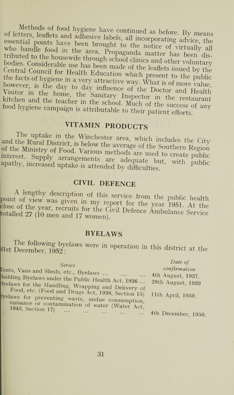 B --^tersM food hygiene campaign is attributable to their patient efforts ' VITAMIN PRODUCTS aSH«-=£3*^i“S apathy ,'increasid p2“„S kySm£'’ CIVIL DEFENCE 'r z «?« totalled 27C(fo me^^n^men^11 DefenCe Amblllance Service BYELAWS list December'il52^elaWS “ °Peration in thi* district at the Series Tents, Vans and Sheds, etc., Byelaws ... Building Byelaws under the Public Health Act, 1936 ^ Foodf°etcth^FHaHndliH8LWraPping and Delivery of id, etc. (hood and Drugs Act, 1938, Section 15) yeiaws for preventing waste, undue consumption 1945“eect'lon™7)aminati0n.“f Water <Water Act.' Date of confirmation 4th August, 1937. 29th August, 1939 11th April, 1950. 4th December, 1950.