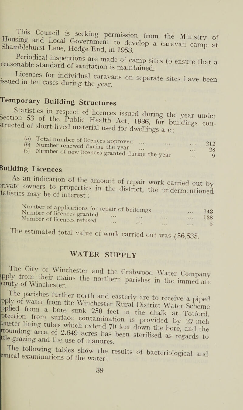 HonJ*''S ir-;' 1S Peking permission from the Ministry of Housing and Local Government to develop a caravan camn at Shamblehurst Lane, Hedge End, in 1953. f ^ Periodical inspections are made of camp sites to ensure that a reasonable standard of sanitation is maintained. Licences for individual caravans on separate sites have been issued in ten cases during the year. Temporary Building Structures SectionsiCoV?hrS^Chtr0f«Ce,I!CKeS,1SSUed durinS the Tear under tra tedlSnn l It t H?‘th Act' 1936' for buildings con- structed of short-lived material used for dwellings are : (a) Total number of licences approved (o) Number renewed during the year (c) Number of new licences granted during the year 212 28 9 Building Licences As an indication of the amount of repair work carried out bv “ the dlStnCt' the Number of applications for repair of buildings Number of licences granted Number of licences refused The estimated total value of work carried out was £56,535. 143 138 o WATER SUPPLY bDKhefromythi' WinCheStV and the Crabwood Water Company cmllyof TvinchestrnS ° n°rthern panSheS in the ™™d.ate The parishes further north and easterly are to receive a nined Inn ' a fWater frr the Winchester Rural District Water Scheme pplied from a bore sunk 250 feet in the chalk at Totford ection from surface contamination is provided bv 97 incli meter lining tubes which extend 70 feet down the bore and he tafn^dthe2649 freS haS been s‘enl-d asmgardsto uic grazing and the use of manures. The following tables show the results of bacteriological and emical examinations of the water : noiogical and