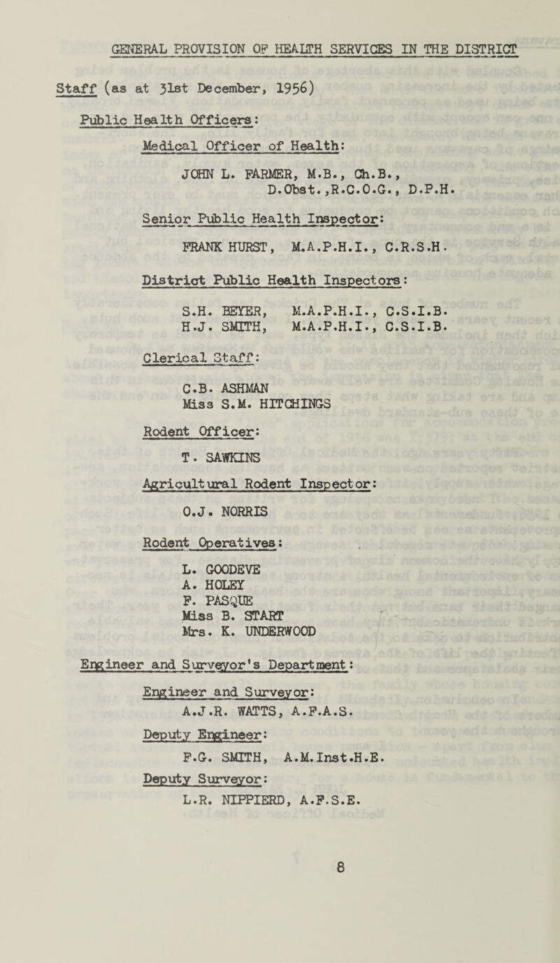 GENERAL PROVISION Off HEALTH SERVICES IN THE DISTRICT Staff (as at 31st December, 1956) Public Health Officers: Medical Officer of Health: JOHN L. PARMER, M.B., Gh.B., D«Obst«,R.C.O.G., D.P.H. Senior Public Health Inspector: FRANKHURST, M.A.P.H.I., C.R.S.H. District Public Health Inspectors: S. H. BEYER, M.A.P.H.I., C.S.I.B. H.J. SMITH, M.A.P.H.I., C.S.I.B. Clerical Staff: C.B. ASHMAN Miss S.M. HETCHINGS Rodent Officer: T. SAWKINS Agricultural Rodent Inspector: O. J. NORRIS Rodent Operatives; L. GOODEVE A. HOLEY P. PASQUE Miss B. START Mrs. K. UNDERWOOD Engineer and Surveyor's Department: Engineer and Surveyor: A.J.R. WATTS, A.P.A.S. Deputy Engineer: P.G. SMITH, A.M.Inst.H.E. Deputy Surveyor: L.R. NIPPIERD, A.P.S.E.