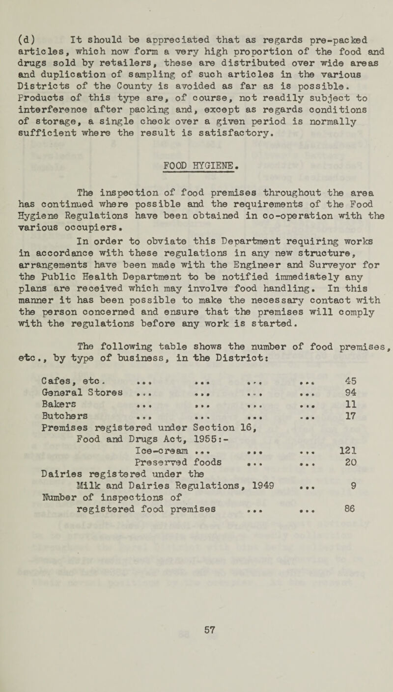 (d) It should be appreciated that as regards pre-packed articles, which now form a -very high proportion of the food and drugs sold by retailers, these are distributed over wide areas and duplication of sampling of such articles in the various Districts of the County is avoided as far as is possible. Products of this type are, of course, not readily subject to interference after packing and, except as regards conditions of storage, a single check over a given period is normally sufficient where the result is satisfactory. FOOD HYGIENE. The inspection of food premises throughout the area has continued where possible and the requirements of the Food Hygiene Regulations have been obtained in co-operation with the various occupiers. In order to obviate this Department requiring works in accordance with these regulations in any new structure, arrangements have been made with the Engineer and Surveyor for the Public Health Department to be notified immediately any plans are received which may involve food handling. In this manner it has been possible to make the necessary contact with the person concerned and ensure that the premises will comply with the regulations before any work is started. The following table shows the number of food premises, etc., by type of business, in the Distriot: Cafes, etc. ... ... ... General Stores ... ... ... Bakers ... ... ... Butchers ... ... ... Premises registered under Section 16, Food and Drugs Act, 1955:- I ce —c re am ... ... Preserved foods ... Dairies registered under the Milk and Dairies Regulations, 1949 Number of inspections of registered food premises ... * • «. • 9 • • • • • t « • • • 45 94 11 17 121 20 9 86