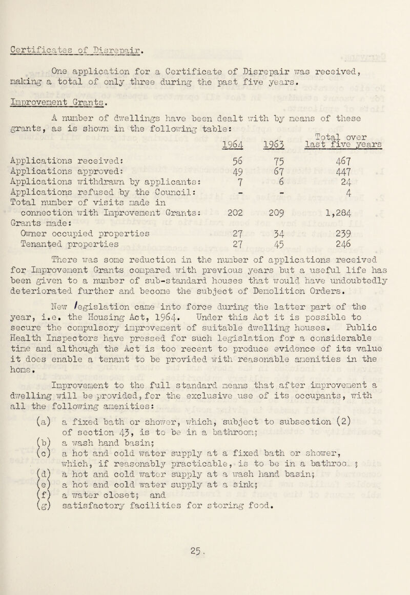 Certificates of Disrepair. One application for a Certificate of Disrepair was received, making a total of only three during the past five years. Improvement Grants. “o C« e kJ o Applications received: Applications approved: Applications withdrawn by applicant Applications refused by the Council: Total number of visits made in connection with Improvement Grants: Grants made: Owner occurred properties Tenanted properties dealt w le: 1964 ith by means of these Total over 19o3 last five year 56 75 467 49 67 447 7 6 24 - - 4 202 209 1,284 27 34 239 27 45 246 There was some reduction in the number of applications received for Improvement Grants compared with previous years but a useful life has been given to a number of sub-standard houses that would have undoubtedly deteriorated further and become the subject of Demolition Orders. New /egislation came into force during the latter part of the year, i.e. the Housing Act, 1964* Under this Act it is possible to secure the compulsory improvement of suitable dwelling houses. Public Health Inspectors have pressed for such legislation for a considerable time and although the Act is too recent to produce evidence of its value it does enable a tenant to be provided with reasonable amenities in the home. Improvement to the full standard means that after improvement a dwelling will be provided, for the exclusive Lise of its occupants, with all the following amenities: (a) a fixed bath or shower, which, subject to subsection (2) of section 43 > is to be in 9, bathroom; (b) a wash hand basin; (c) a hot and cold water supply at a fixed bath or shower, which, if reasonably practicable, is to be in a bathroo:.. 5 (cL) a hot and cold water supply at a wash hand basin; (e) a hot and cold water supply at a sink; (f) a water closet; and (g) satisfactory facilities for storing food.