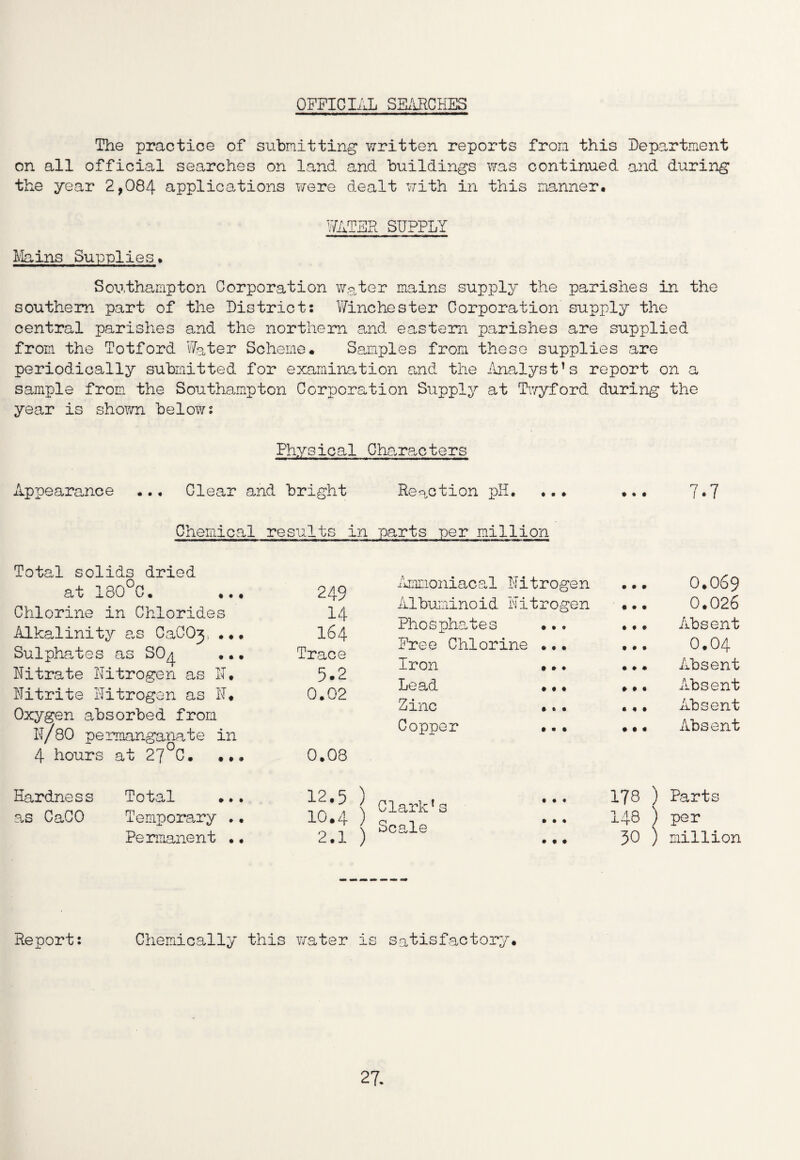 OFFICIAL SEARCHES The practice of submitting written reports from this Department on all official searches on land and buildings was continued and during the year 2,084 applications were dealt with in this manner. Mains Supplies. WATER SUPPLY Southampton Corporation water mains supply the parishes in the southern part of the Districts Winchester Corporation supply the central parishes and the northern and eastern parishes are supplied from the Totford Water Scheme. Samples from these supplies are periodically submitted for examination and the Analyst’s report on a sample from the Southampton Corporation Supply at Twyford during the year is shown below; Physical Characters Appearance ... Clear and bright Reaction pH, .,♦ Chemical results in parts per million 7-7 Total solids dried at 180°G. 249 Chlorine in Chlorides 14 Alkalinity as GaCOj, 164 Sulphates as SO^ ... Trace Nitrate Nitrogen as N. 5.2 Nitrite Nitrogen as N. Oxygen absorbed from N/80 permanganate in 4 hours at 27°C. ... 0.02 0.08 Ammoniacal Nitrogen ... 0.069 Albuminoid Nitrogen ... 0.026 Phosphates •.. ... Absent Free Chlorine ..• • • • 0.04 Iron •.. •. • Absent Lead ... ... Absent Zinc .•• ... Absent Copper •.. ... Absent Hardness Total as CaCO Temporary .• Permanent ., 12.5) 10.4) 2.1) Clark’s Scale 173 ) Parts 148 ) per 30 ) million Report: Chemically this water is satisfactory.