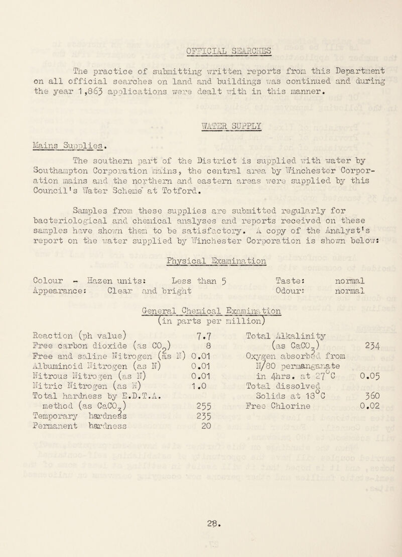 OFFICIAL SEARCHES The practice of submitting written reports from this Department on all official searches on land and buildings was continued and during the year 1,863 applications were dealt with in this manner. WATER SUPPLY Mains Supplies. The southern part of the District is supplied with water by Southampton Corporation mains, the central area by Winchester Corpor¬ ation mains and the northern and eastern areas were supplied by this Council’s Water Scheme' at Totford. Samples from these supplies are submitted regularly for bacteriological and chemical analyses and reports received on these samples have shown them to be satisfactory. A copy of the Analyst’s report on the water supplied by Winchester Corporation is shown below: Physical Examination Colour ~ Hazen units: Less than 5 Taste: normal Appearances Clear and bright Odours normal General Chemical Examination (in parts per million) Reaction (ph value) 7.7 Total Alkalinity Free carbon dioxide (as CO^) Free and saline Nitrogen (as N) 8 (as CaCO,) 234 0.01 Oxygen absorbed from Albuminoid Nitrogen (as N) 0.01 17/8 0 p e rmangana t e Nitrous Nitrogen (as IT) 0.01 in AN-s. at 27°C 0.05 Nitric Nitrogen (as N) 1.0 Total dissolved Total hardness by E.D.T.A. Solids at 18 C 360 method (as CaCO ) Temporary hardness P e rmanent bar dn ess 255 235 20 Free Chlorine 0.02