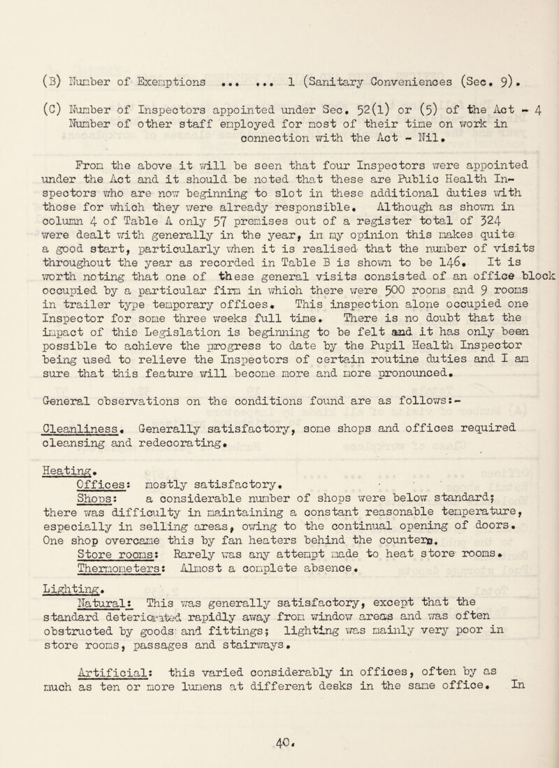 (b) ITunber of Exemptions . 1 (Sanitary Conveniences (Sec, 9)* (c) Number of Inspectors appointed under Sec, 52(l) or (5) of the Act - 4 Number of other staff employed for most of their time on work in connection with the Act - Nil, From the above it will be seen that four Inspectors were appointed under the Act and it should be noted that these are Public Health In¬ spectors who are now beginning to slot in these additional duties with those for which they were already responsible. Although as shown in column 4 of Table A only 57 premises out of a register total of 524 were dealt with generally in the year, in my opinion this makes quite a good start, particularly when it is realised that the number of visits throughout the year as recorded in Table B is shown to be 146* It is worth noting that one of these general visits consisted of an office block occupied by a particular firm in which there were 500 rooms and 9 rooms in trailer type temporary offices. This inspection alone occupied one Inspector for some three weeks full time. There is no doubt that the impact of this Legislation is beginning to be felt and it has only been possible to achieve the progress to date by the Pupil Health Inspector being vised to relieve the Inspectors of certain routine duties and I am sure that this feature vri.ll become more and more pronounced. General observations on the conditions found are as follows:~ Cleanliness. Generally satisfactory, some shops and offices required cleansing and redecorating. Heating. Offices: mostly satisfactory. Shops: a considerable number of shops were below standard5 there was difficulty in maintaining a constant reasonable temperature, especially in selling areas, owing to the continual opening of doors. One shop overcame this by fan heaters behind the counters. Store rooms: Rarely was any attempt made to heat store- rooms. Thermometers: Almost a complete absence. Lighting, Natural: This was generally satisfactory, except that the standard deteriorated rapidly away from window areas and was often obstructed by goods' and fittings? lighting vras mainly very poor in store rooms, passages and stairways. Artificial: this varied considerably in offices, often by as much as ten or more lumens at different desks in the same office. In