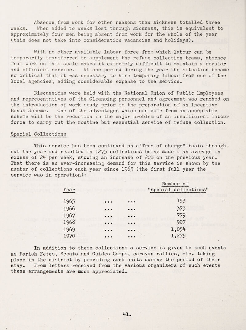 •V Absence,from work for other reasons than sickness totalled three weeks. V/hen added to weeks lost through sickness, this is equivalent to approximately four men being absent from work for the whole of the year (this does not take into consideration vacancies and holidays). V/ith no other available labour force from which labour can be temporarily transferred to supplement the refuse collection teams, absence from work on this scale makes it extremely difficult to maintain a regular and efficient service. At one period during the year the situation became so critical that it was necessary to hire temporary labour from one of the local agencies, adding considerable expense to the service. Discussions were held with the National Union of Public Employees and representatives of the Cleansing personnel and agreement was reached on the introduction of work study prior to the preparation of an Incentive Bonus Scheme. One of the advantages which can come from an acceptable scheme will be the reduction in the major problem of an insufficient labour force to carry out the routine but essential service of refuse collection. Special Collections This service has been continued on a’Tree of charge” basis through¬ out the year and resulted in 1275 collections being made - an average in excess of 24 per v/eek, showing an increase of 20% on the previous year. That there is an ever-increasing demand for this service is shown by the number of collections each year since 19&5 (the first full year the service was in operation): Year Number of ’’special collections” 1965 1966 1967 1968 1969 1970 193 373 779 907 1,054 1,275 In addition to these collections a service is given to such events as Parish Fetes, Scouts and Guides Camps, caravan rallies, etc. taking place in the district by providing sack units during the period of their stay. From letters received from the various organisers of such events these arrangements are much appreciated. t